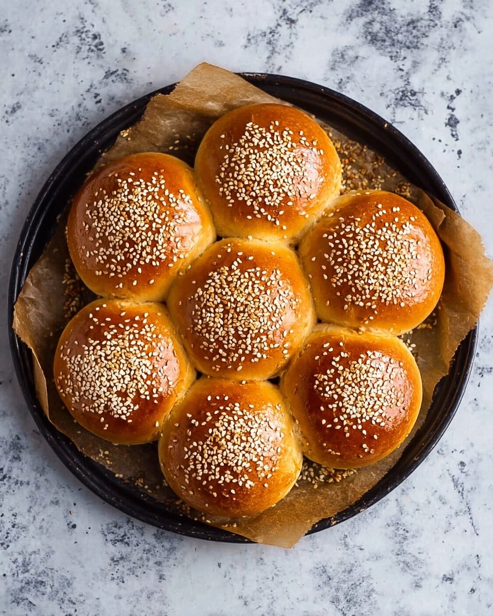 Seven round golden brown buns closely placed in a circular shape on a round black tray lined with brown parchment paper. Each bun is topped with white sesame seeds, showing a shiny and slightly cracked texture on the surface. The tray is set on a white marbled textured surface. Photo taken with an iphone --ar 4:5 --v 7