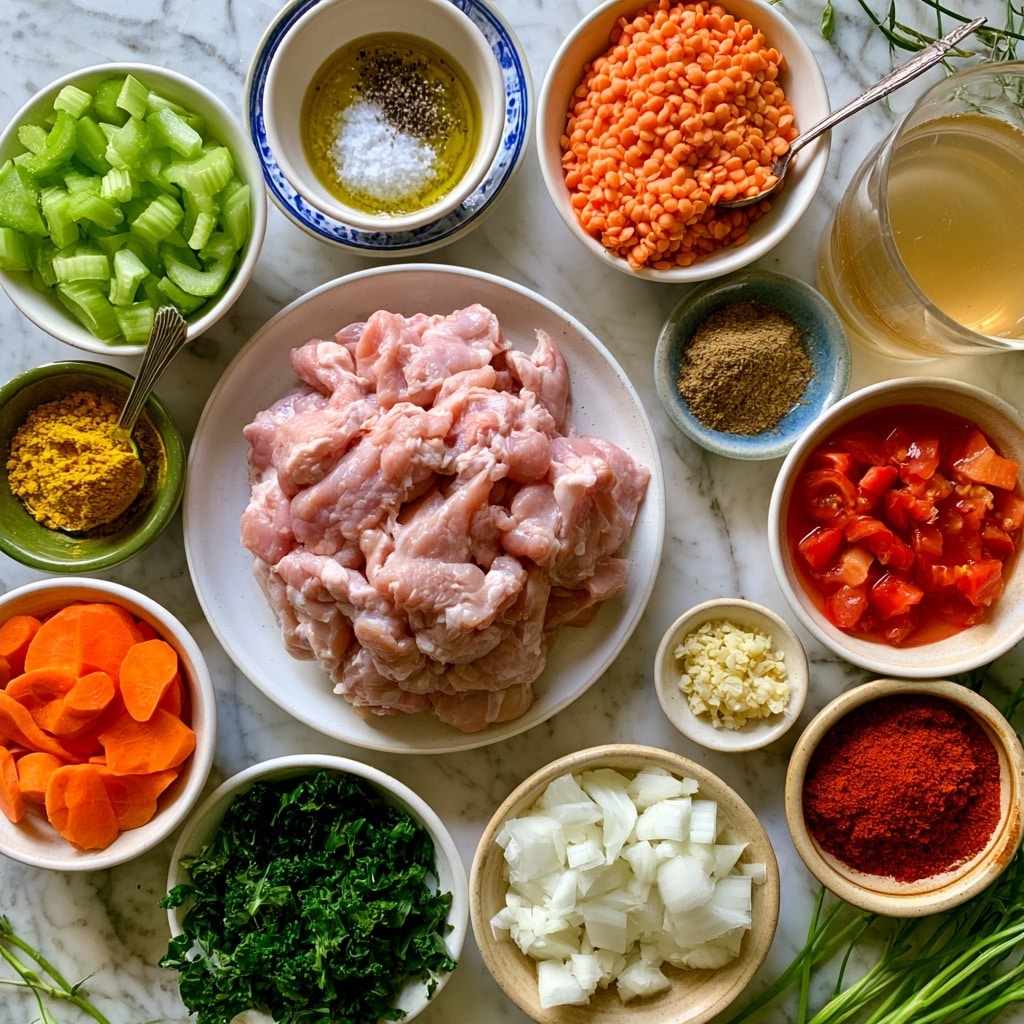 A top view of many cooking ingredients placed on a white marbled surface in small white and earth-toned bowls arranged in a circular pattern. In the center, a large mound of light pink raw turkey meat sits on a white plate. Around it, clockwise, there is bright green sliced celery in a white bowl, golden olive oil in a small white bowl, coarse salt and black pepper on a blue and white plate, bright orange lentils in a white bowl with a spoon, dark green chopped kale on a white plate, chopped white onions in a beige bowl, red diced tomatoes with liquid in a white bowl, bright orange sliced carrots in a white bowl, finely minced garlic in a small white bowl, yellow curry powder with a spoon in a green bowl, light brown cumin powder in a blue bowl, deep red paprika in a beige bowl, and pale golden broth in a clear glass cup. Fresh green herb stems are partially visible, framing the scene. Photo taken with an iphone --ar 4:5 --v 7