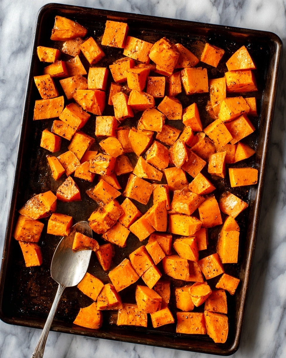 A black metal baking tray filled with many pieces of chopped orange sweet potatoes scattered evenly. Each piece is irregular in shape but mostly cubed or rectangular, with a shiny surface coated in oil and seasoned with small dark specks of spices. A silver serving spoon rests near the bottom left corner of the tray, partly underneath some sweet potato pieces. The tray is set on a white marbled surface. photo taken with an iphone --ar 4:5 --v 7