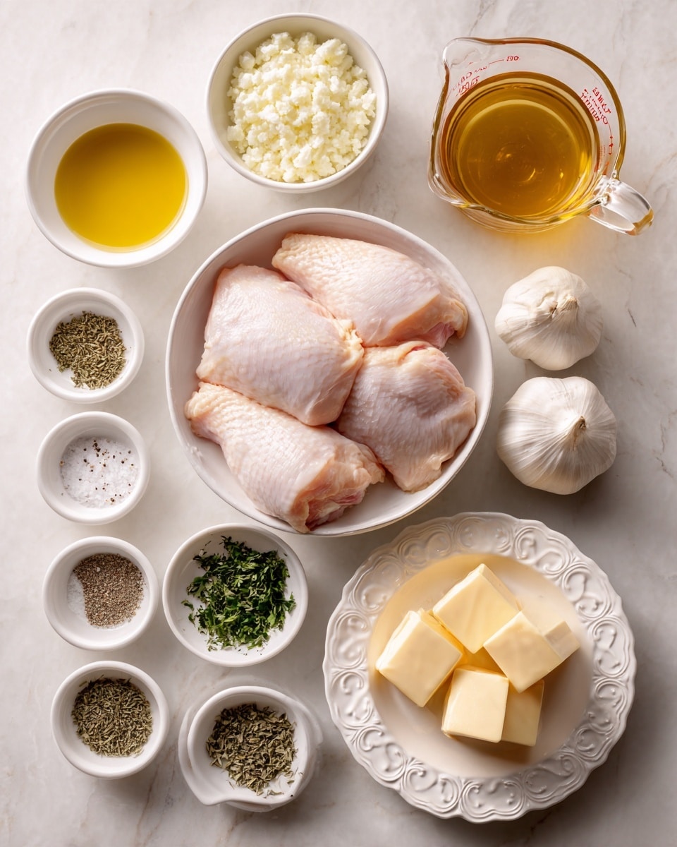 The image shows a top-down view of cooking ingredients arranged neatly on a white marbled surface. In the center is a white bowl filled with four raw pale pink chicken pieces that look smooth and shiny. Above it, there is a white bowl with finely chopped white garlic and a whole bulb of garlic nearby. To the right, a clear glass measuring cup holds golden brown broth. To the left, a small white bowl contains golden olive oil, and next to it is a small white bowl with white salt and black pepper mixed. Below the chicken bowl, several small white dishes hold chopped green parsley, pale green dried oregano, and brown thyme. On the bottom right, a white plate with a decorative edge holds three pale yellow butter cubes. The ingredients are spaced evenly with clear labels for each. Photo taken with an iphone --ar 4:5 --v 7