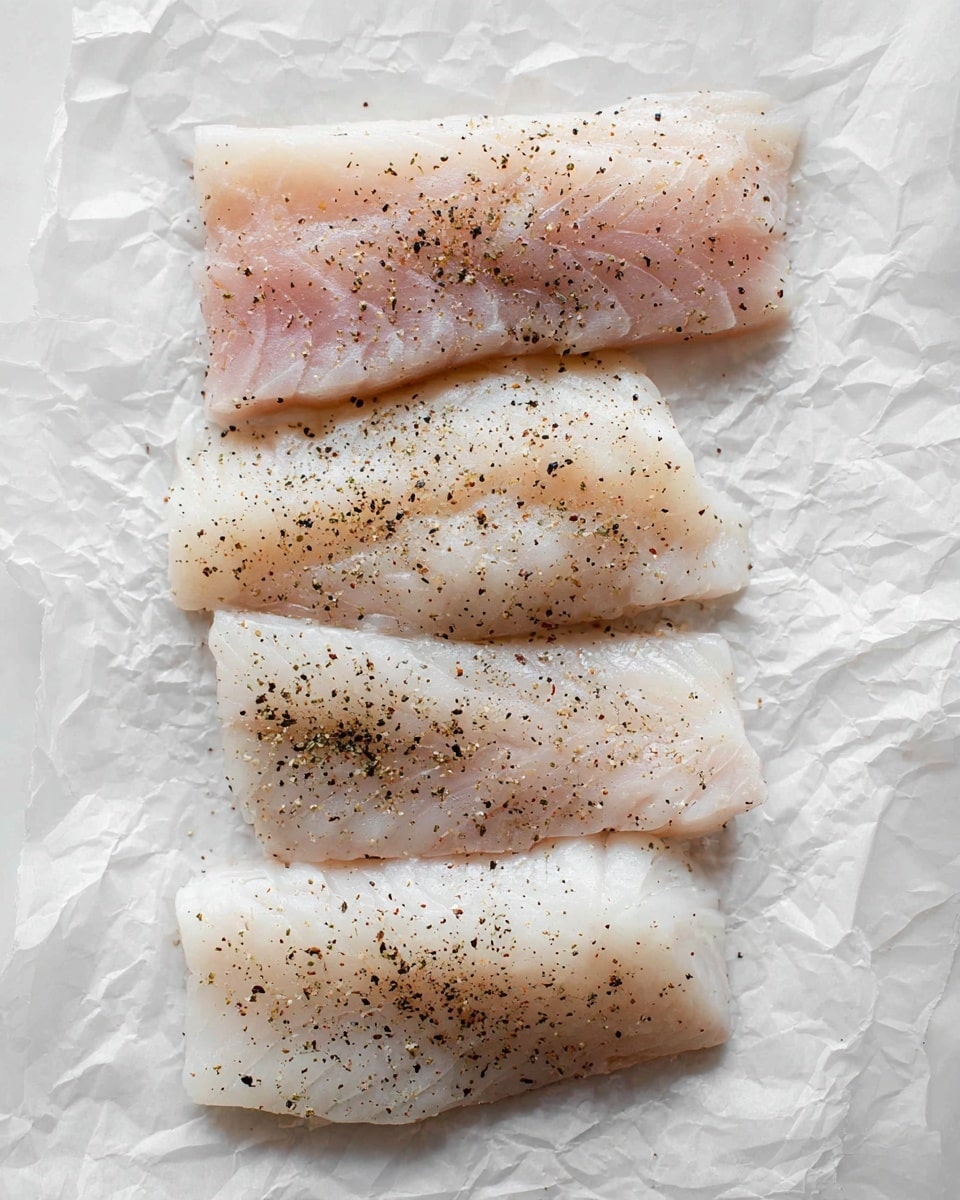 Four pieces of light pink and white raw fish fillets are laid out flat on a crumpled white marbled paper. Each piece is sprinkled with a fine layer of black pepper, adding small black and brown specks across the fish surfaces. The top fillet is slightly longer and thinner, displaying a mix of pale pink and cream shades. Below it are three lighter white fillets with faint pink tones and the pepper dots more visible. The texture looks soft and delicate, with the fillets arranged vertically in a slightly spaced line. photo taken with an iphone --ar 4:5 --v 7