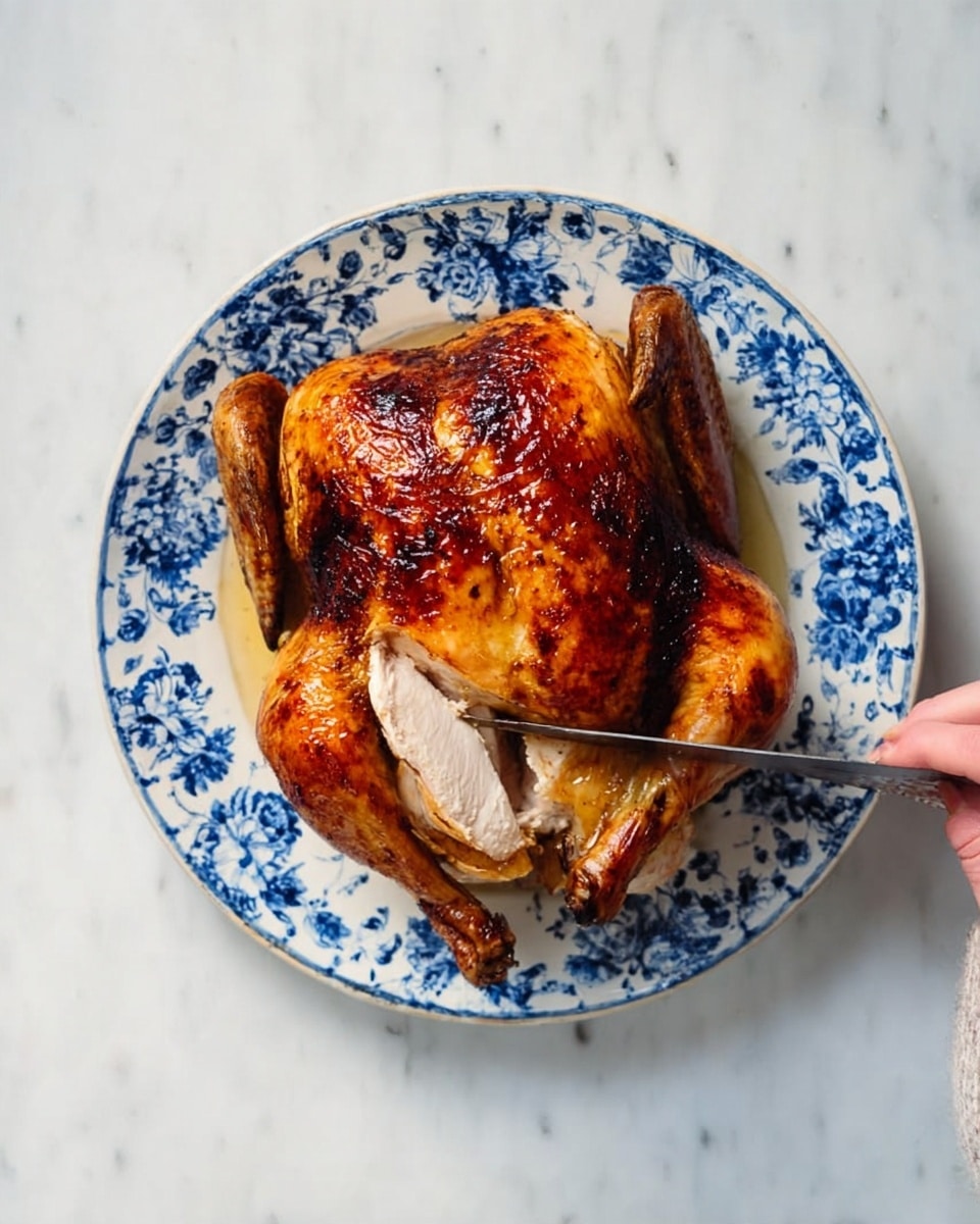 A whole roasted chicken with crispy brown skin is placed in the center of a white plate decorated with blue floral patterns. The chicken lies flat with its legs and wings slightly spread out. A woman's hand is slicing the thick chicken meat on one side, showing a juicy white interior. The plate rests on a smooth white marbled surface. photo taken with an iphone --ar 4:5 --v 7