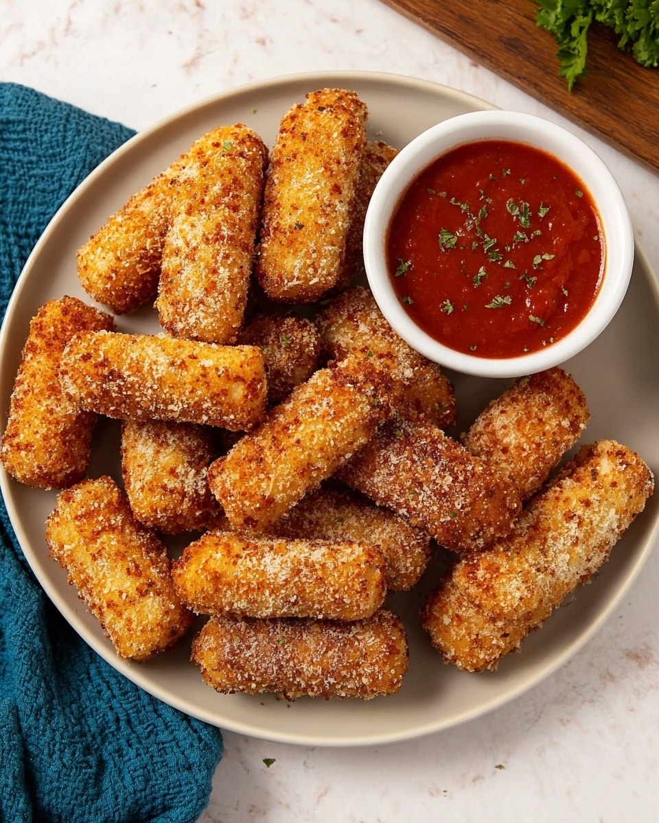 A white plate holds thirteen golden-brown mozzarella sticks arranged in a loose circle, with their crispy texture and breadcrumb coating clearly visible. In the middle of the upper right side of the plate sits a small white bowl filled with a bright red marinara sauce sprinkled with small green herb pieces. The plate rests on a white marbled surface with a partially visible blue cloth on the top left and some green herbs on the top right. photo taken with an iphone --ar 4:5 --v 7