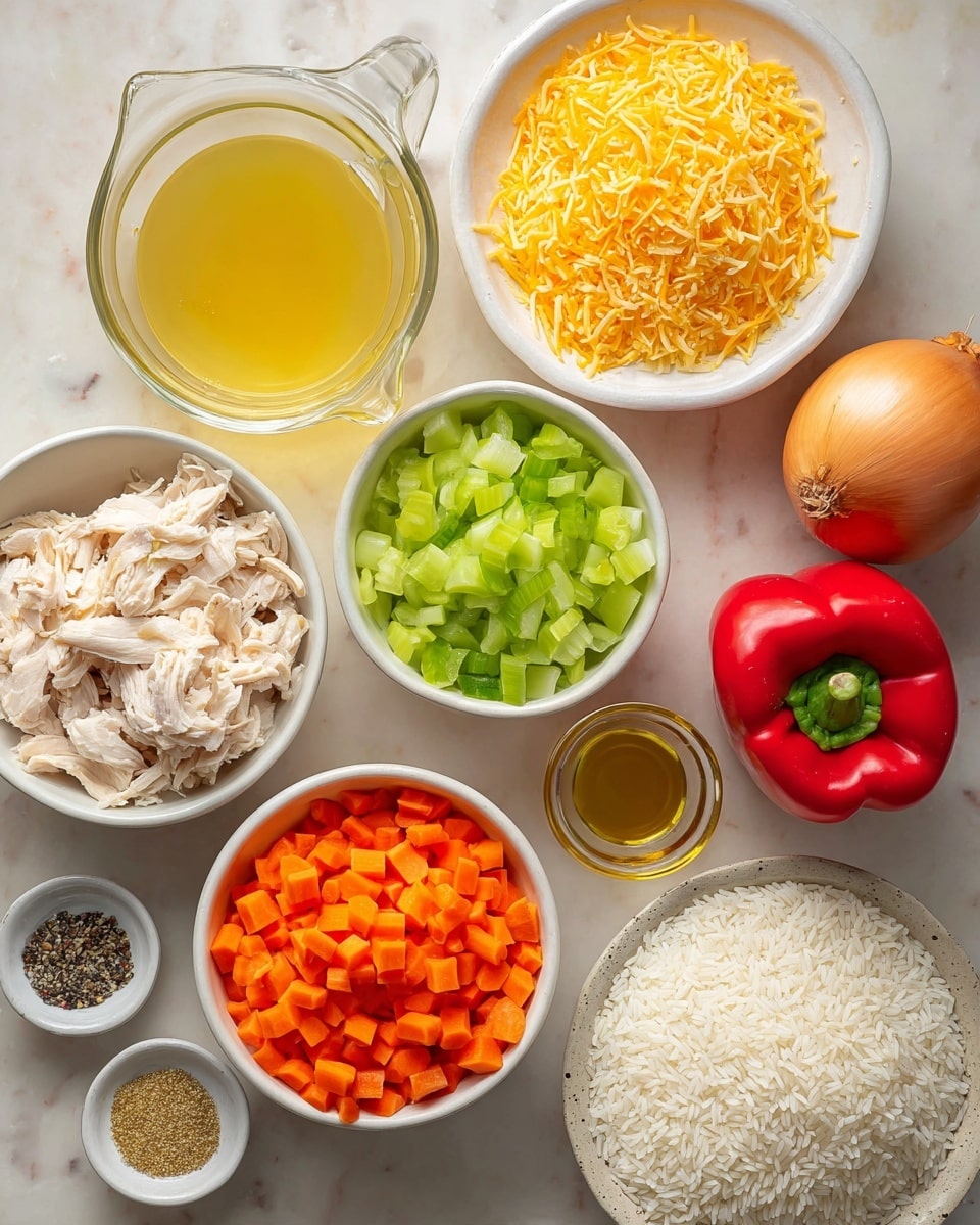The image shows several white bowls and plates arranged on a white marbled surface holding different ingredients: one bowl with shredded pale yellow chicken pieces, another filled with chopped light green celery pieces, a bowl with small diced bright orange carrots, and a bowl containing white uncooked rice. There is a white bowl filled with shredded bright yellow cheese, a clear glass jug with pale yellow liquid, a small clear bowl with golden oil, a tiny white dish holding black pepper, a somewhat transparent small pitcher with honey, a whole golden brown onion, and two bright red bell peppers placed on the side. The scene is bright and clean with a natural look. photo taken with an iphone --ar 4:5 --v 7