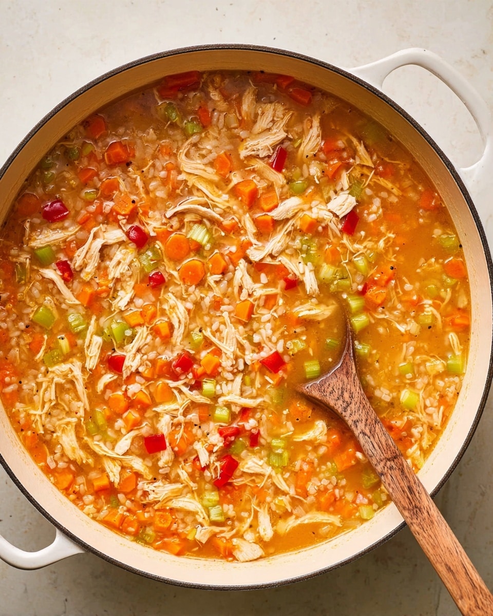A large white pot filled with a warm soup showing several layers of ingredients: the base is a light orange broth, mixed with shredded white chicken meat spread evenly throughout, alongside small diced bright orange carrot chunks and pale green celery pieces. Scattered red bell pepper bits add pops of color, and there are visible grains of white rice mingled in the soup. A wooden spoon lies inside the pot, partly submerged in the soup, resting at the bottom right. The pot sits on a white marbled surface photo taken with an iphone --ar 4:5 --v 7