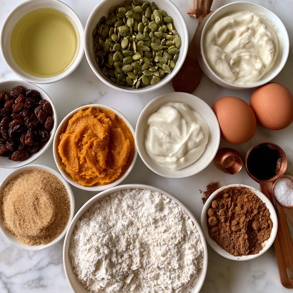 The image shows an overhead view of various baking ingredients arranged neatly on a white marbled surface. There are ten containers and two eggs placed around the center. At the top left, a small white bowl holds light yellow vegetable oil. Moving right, a white bowl is filled with green pumpkin seeds, and next to it, a white bowl contains dark brown raisins. Below the oil, a white bowl holds creamy white Greek yogurt, and next to it, a small white bowl is filled with orange pumpkin puree. To the right, another white bowl contains light brown sugar, and below it is a small white bowl of white baking powder. On the bottom right, a larger white bowl is filled with white flour, and near the center bottom, a small white bowl contains mixed brown spices including cinnamon, nutmeg, allspice, and ground ginger. Two brown eggs lie next to a wooden spoon with dark brown vanilla extract and a copper measuring spoon holding salt. The colors and textures vary from smooth yogurt and puree to granular sugar and seeds. The photo taken with an iphone --ar 4:5 --v 7