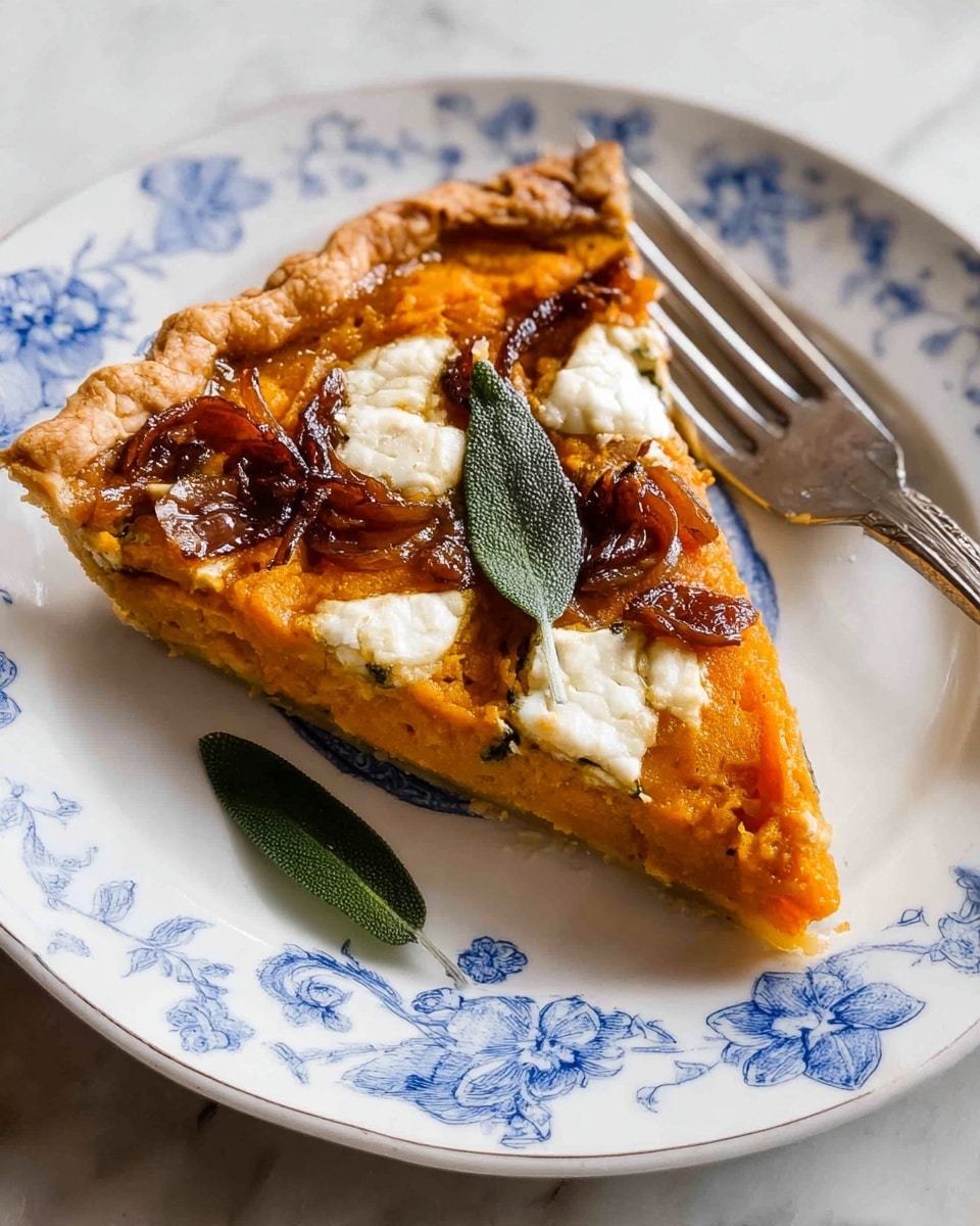 A single slice of savory pie is placed on a white plate with blue floral designs, resting on a white marbled surface. The pie has two main layers under a golden-brown crust on top: the bottom layer is a smooth, bright orange filling, likely made from squash or pumpkin, and above it, scattered dollops of white creamy cheese add texture. Caramelized onion pieces form a dark, rich layer on top of the orange filling, and a fresh sage leaf with a deep green color sits near the front edge. A silver fork lies to the right of the slice, completing the scene with a simple, cozy feel. Photo taken with an iphone --ar 4:5 --v 7