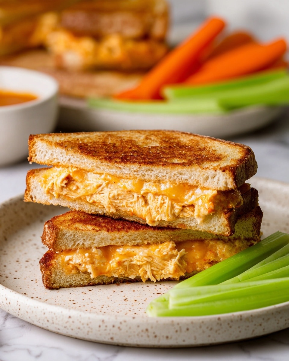 The image shows two toasted sandwich halves stacked on a white plate with speckles. Each sandwich has two golden brown toasted bread slices with a crunchy texture on top and bottom. Inside, there are two layers: a melted, slightly orange cheese layer and a shredded light orange chicken layer. Next to the sandwich are fresh green celery sticks and orange carrot sticks. In the background, a blurred white plate with more sandwiches and vegetables is visible, all on a white marbled surface. Photo taken with an iphone --ar 4:5 --v 7