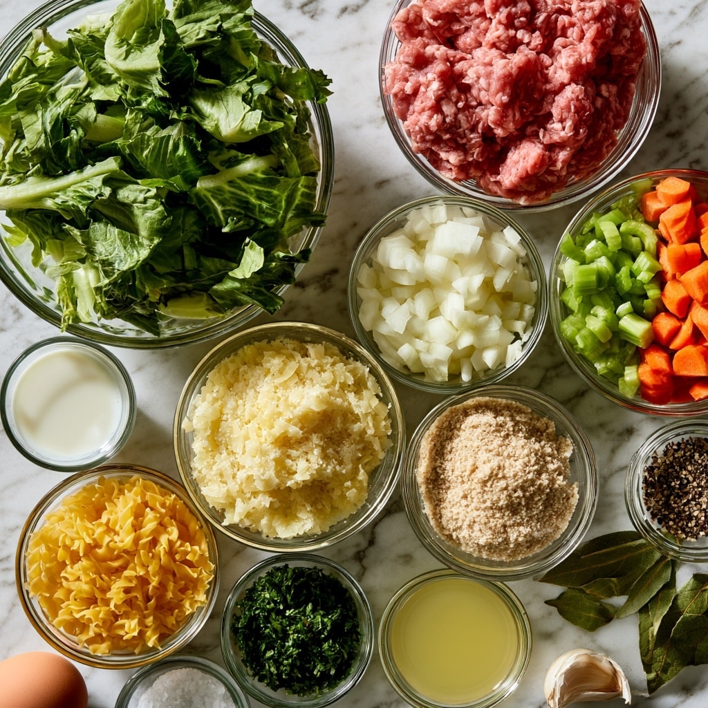 A top-down view shows multiple small clear glass bowls arranged on a white marbled surface. In the top left, a bowl filled with fresh green escarole leaves sits prominently. To its right, a bowl with raw ground meat has a pinkish-red color. Below that, a bowl with diced white onions is next to another bowl filled with chopped green celery and bright orange carrots. Below the escarole, there is a small glass of white milk next to a bowl of finely grated pale yellow pecorino romano cheese. Below them, bowls hold golden yellow pasta and beige breadcrumbs. Near the bottom, small bowls contain dark green chopped parsley, pale yellow chicken stock, and seasoning with salt and pepper. An egg and a clove of garlic rests on the surface as well. Several bay leaves lie next to the salt and pepper bowls. All items are neatly arranged and labeled with bold black text on white background. Photo taken with an iphone --ar 4:5 --v 7