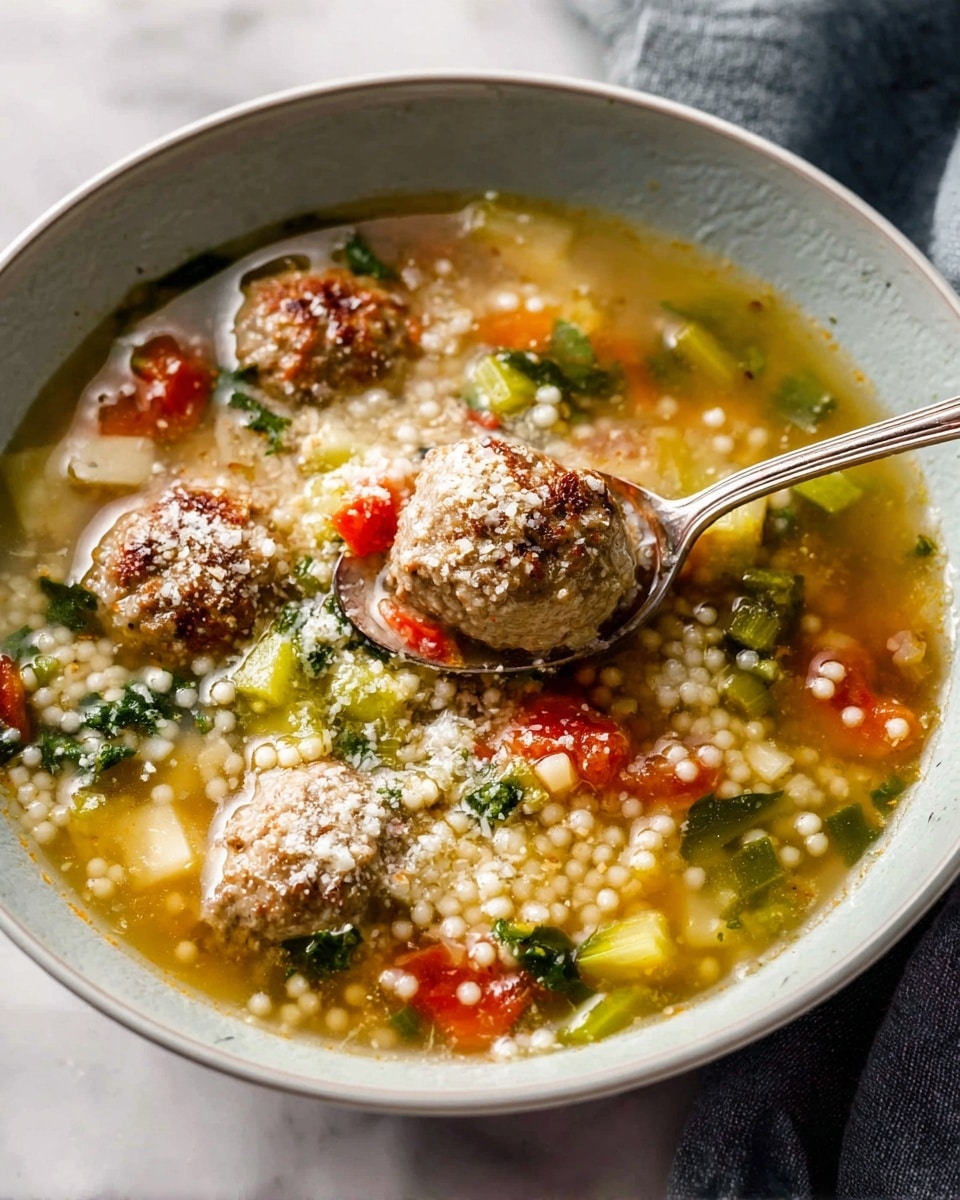 A close-up of a light gray soup bowl on a white marbled surface filled with clear broth soup. Inside the soup are three brown meatballs sprinkled with white grated cheese, small light yellow pasta beads, scattered chopped bright red tomatoes, light green celery pieces, dark green leafy vegetables, and small diced translucent onions. A silver spoon is placed inside the bowl with part of the soup and one meatball on it, showing the textures clearly. Photo taken with an iphone --ar 4:5 --v 7