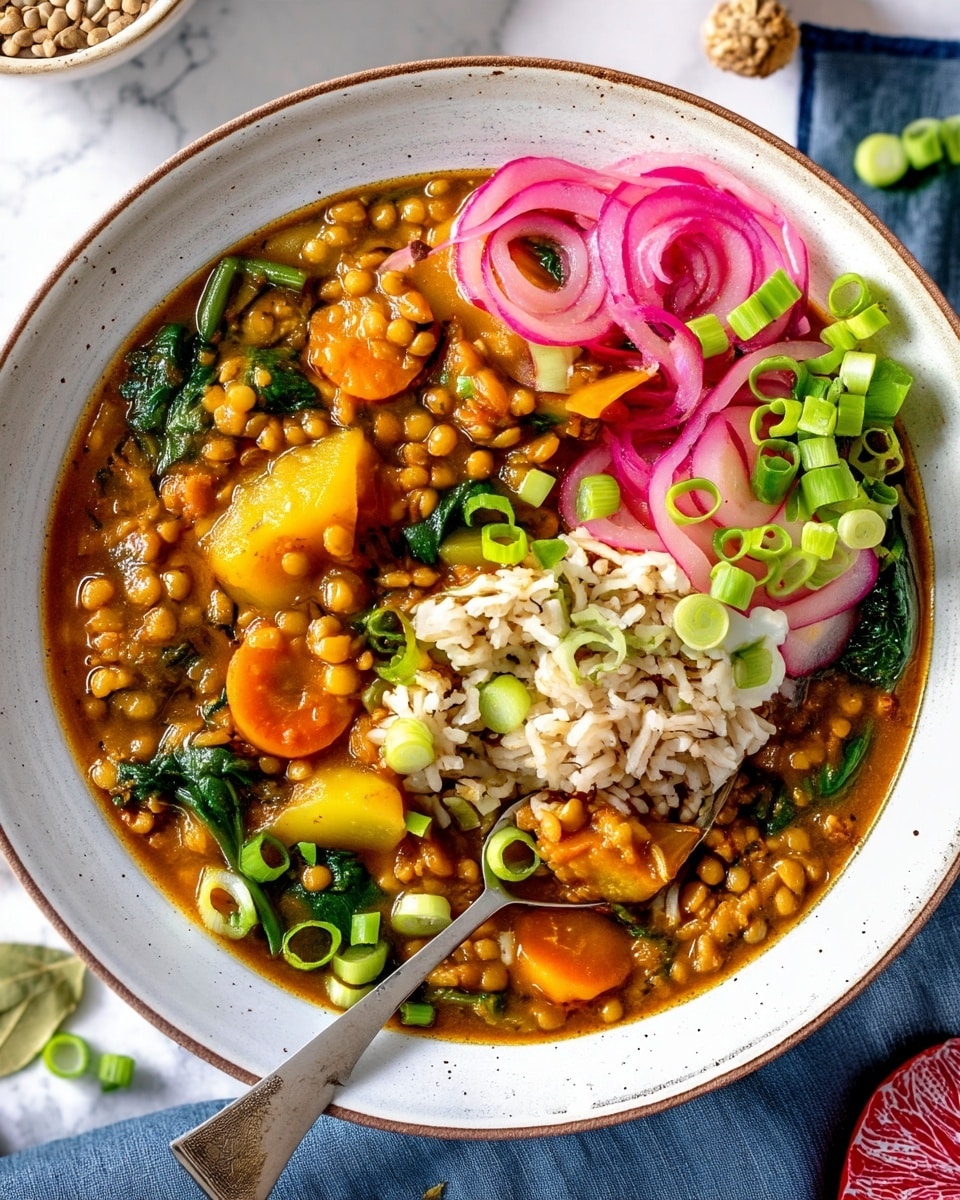 A large white pot filled with a thick, colorful lentil stew showing about four layers: the base layer is a rich orange-red broth with small lentils, above it are bright orange carrot slices scattered throughout, chunks of yellow potatoes, and dark green leafy pieces mixed evenly. A wooden spoon is partly submerged in the pot on the left side. The pot is placed on a white marbled surface, with a blue napkin and some bay leaves to the top left, a small white bowl of dry lentils to the top right, a red chili pepper and light brown ginger root to the bottom right, along with a lime cut in half. Photo taken with an iphone --ar 4:5 --v 7