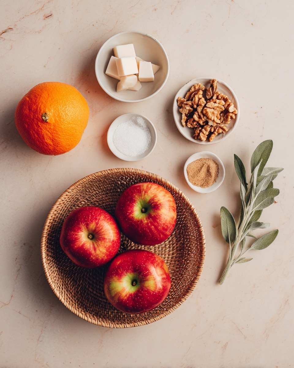 A round woven basket holds three shiny red apples with green cores, placed near the bottom center of the image on a white marbled surface. To the left of the basket, there is a whole bright orange orange with a textured peel. Above these fruits, there are five small bowls arranged loosely in a semi-circle: a white shallow bowl with three cream-white block pieces, a small white plate with light brown sugar crystals, a small white plate with white granulated salt, a small beige bowl filled with walnut halves showing a cracked texture, and an empty white bowl with a swirl pattern inside. To the right, a small green sage branch with soft leaves lies diagonally above the basket. The whole scene has a warm natural light. photo taken with an iphone --ar 4:5 --v 7