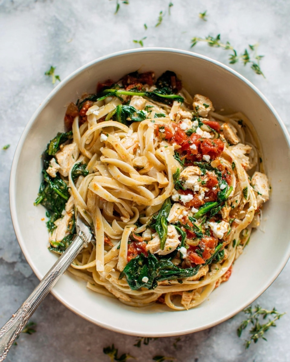 The image shows a bowl of pasta with four main layers: at the bottom is a light sauce mixed with small pieces of white chicken. The second layer includes long, thin noodles that are pale yellow and slightly glossy. The third layer is fresh green spinach leaves scattered evenly across the noodles. The top layer has bright red tomato chunks and some small bits of white cheese, all mixed with herbs that add specks of green. A silver spoon is placed inside the bowl, touching the pasta. The bowl is white ceramic, sitting on a white marbled surface, with some small green herb pieces around it. photo taken with an iphone --ar 4:5 --v 7