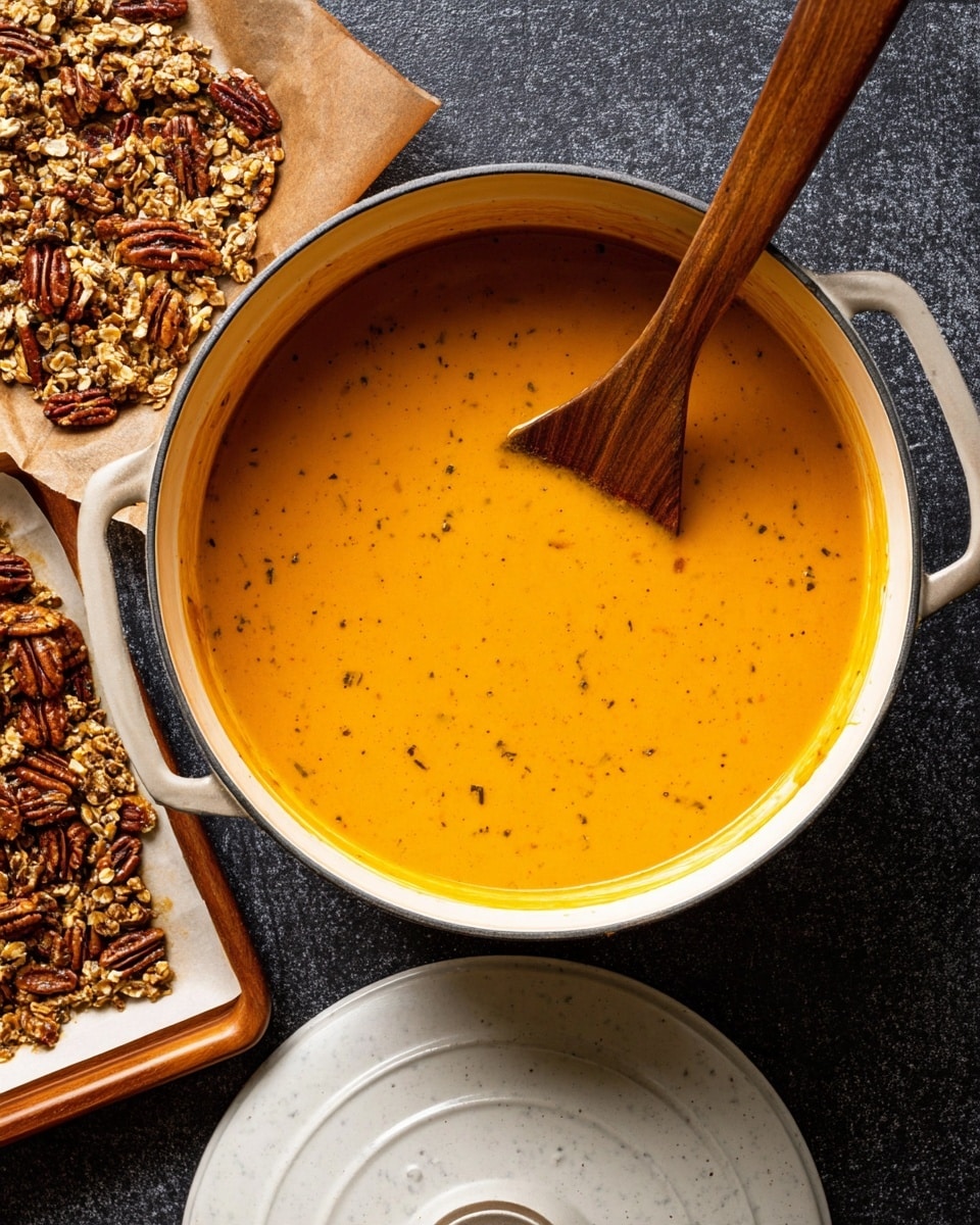 A top view of a pot filled with smooth, bright orange soup, with visible small herbs and spices throughout. A wooden spoon is partly dipped into the soup near the right side of the pot. To the left, there is a white baking tray lined with parchment paper, holding roasted pecans and oats with a golden brown, toasted appearance. Below the pot, there is a white pot lid resting on a white marbled surface. The background has a dark, textured look. photo taken with an iphone --ar 4:5 --v 7