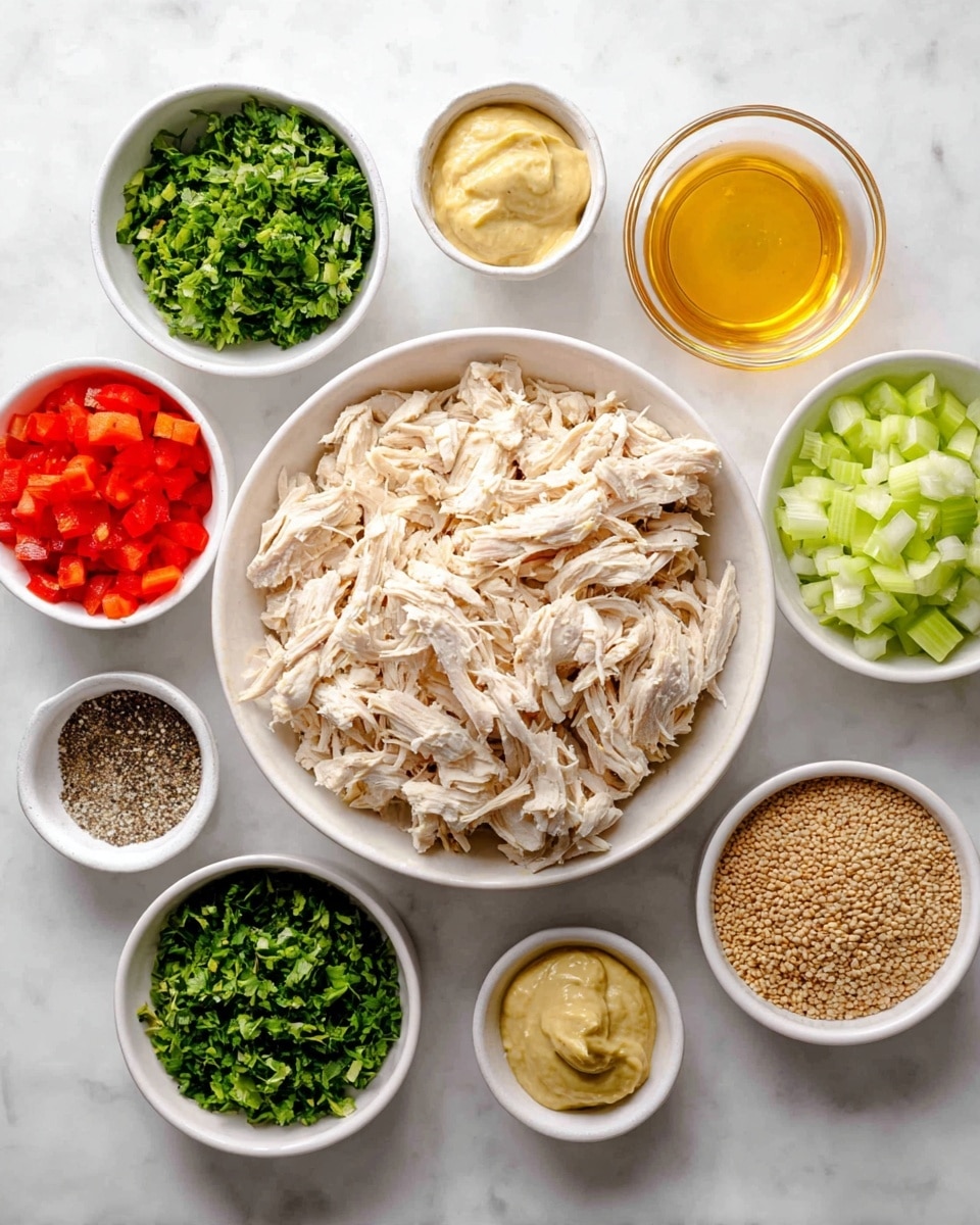 A white bowl filled with shredded light beige chicken sits in the center on a white marbled surface, surrounded by seven smaller white bowls each holding finely chopped green herbs, diced bright red vegetables, diced pale green celery, a mustard yellow creamy spread, a pale creamy white spread, a glass bowl of grainy mustard seeds, a glass bowl of golden honey, and a small white dish with black pepper. The bowls are neatly arranged around the central bowl, creating a colorful and fresh display. photo taken with an iphone --ar 4:5 --v 7