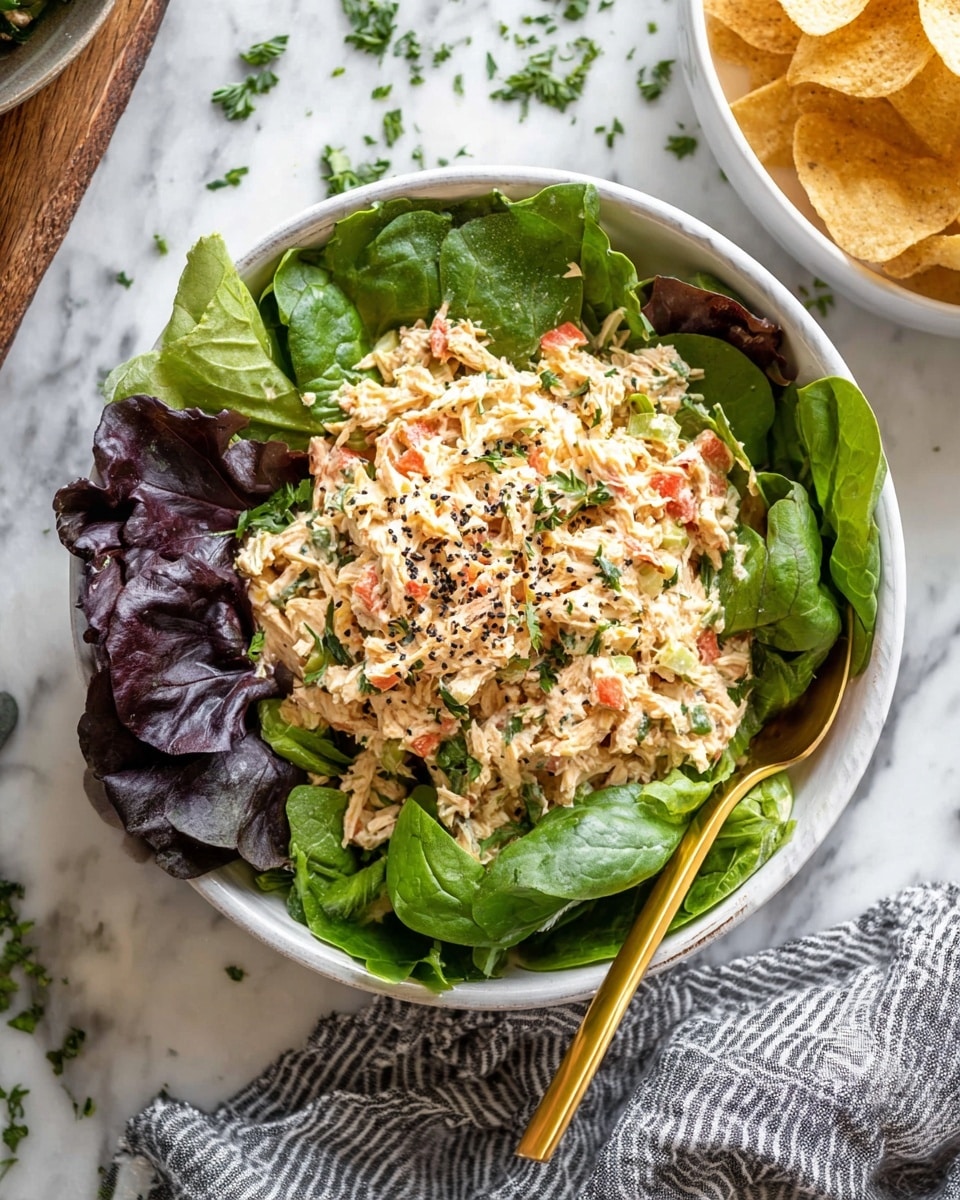 A white bowl filled with three layers: the bottom layer has fresh dark green spinach and purple lettuce leaves, the middle layer is a creamy chicken salad mixed with orange-red bell pepper pieces, green celery, and finely chopped herbs, and the top is sprinkled with black pepper. A gold spoon rests on the right side inside the bowl on the salad. The bowl sits on a white marbled surface with some scattered green herbs nearby, and part of another white bowl with light brown chips is visible at the top right corner. A striped gray and white cloth is partially shown at the bottom right corner. Photo taken with an iphone --ar 4:5 --v 7