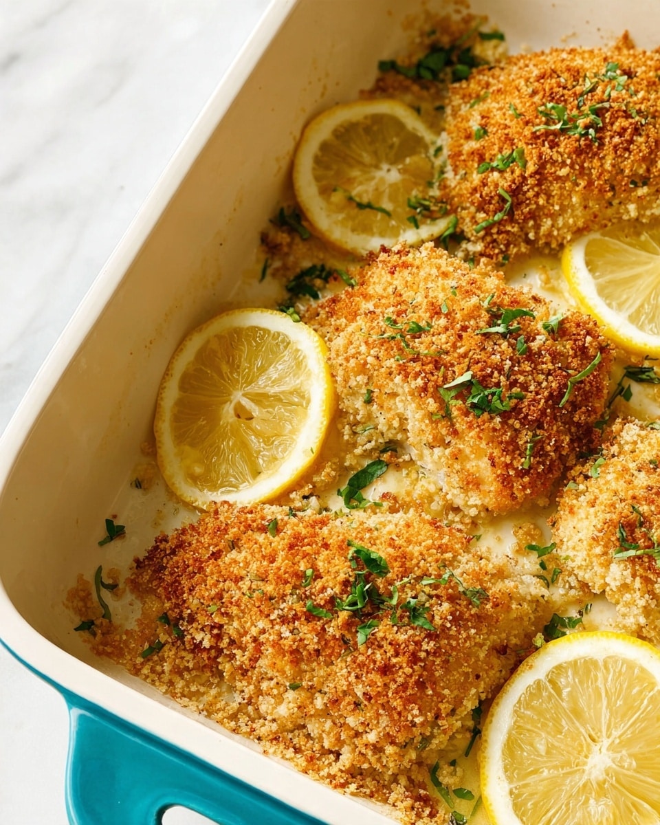 The image shows a close-up view of several pieces of golden-brown baked food with a crumbly texture, placed in a white baking dish with a turquoise blue handle. The baked pieces are coated with a crispy crumb topping and sprinkled with fresh green herbs. Around the baked pieces, there are thin, bright yellow slices of lemon placed in the baking dish. The white marbled surface is visible in the background. photo taken with an iphone --ar 4:5 --v 7
