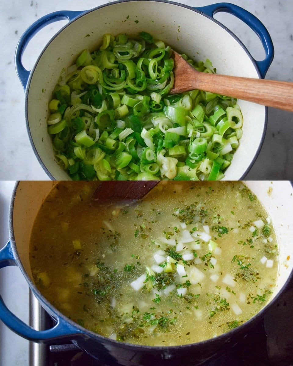The image shows two layers of cooking in a white pot with blue handles on a stove set against a white marbled surface. The top layer captures a close-up of chopped green vegetables, mainly different shades of green and white rings, lightly sautéing inside the pot with a wooden spoon resting on the right side. The bottom layer displays the same white pot filled with a light yellow-green broth with small diced white vegetables and green herbs floating on top, which are stirred by the wooden spoon. The broth has a slightly cloudy texture with visible specks of herbs and seasoning, giving a fresh and simple appearance. photo taken with an iphone --ar 4:5 --v 7