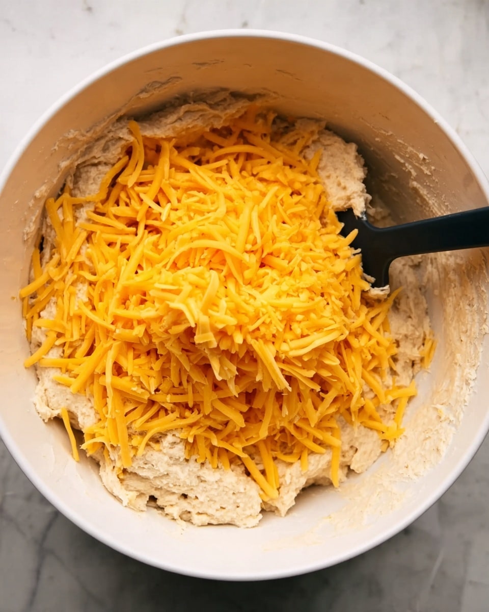 A close-up view of a white bowl filled with a thick, pale beige dough-like mixture as the base layer. On top of this base, there is a generous pile of shredded bright orange cheddar cheese, creating a rough textured layer. A black spatula is partially visible, mixing or resting on the right side, inside the bowl. The bowl sits on a white marbled surface. Photo taken with an iphone --ar 4:5 --v 7