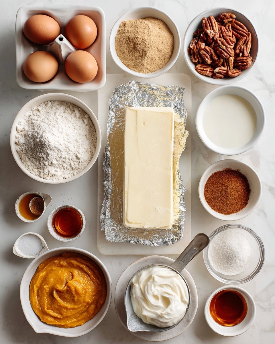 A white marbled surface holds several small white bowls and containers arranged neatly, each with different ingredients for pumpkin cream cheese muffins. At the center is a rectangular block of cream cheese on foil. Around it, there is a small white bowl of all-purpose flour with a floury texture, three whole brown eggs in a white bowl, a small white bowl filled with white sugar, another bowl with plain Greek yogurt showing a thick creamy texture, and a bowl with light brown sugar. There is a metal measuring cup filled with smooth pumpkin puree in orange, a small white bowl with chopped pecans showing rough textures, and another bowl with melted butter having a light yellow tone. Small sauce dishes contain a mix of spices in light brown and beige shades, vanilla extract in a small clear glass, and maple syrup in another clear glass with a warm amber color. Another small bowl holds a mix of baking powder, baking soda, and salt in fine white powder form. The setting is bright and clean. Photo taken with an iphone --ar 4:5 --v 7