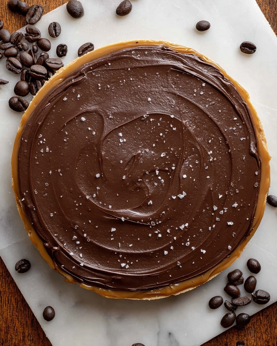 A round sweet treat with two main layers is shown from above: the bottom layer is a shiny golden caramel spread evenly in a circular shape, and the top layer is a thick, smooth dark chocolate spread with gentle swirls covering the entire surface, sprinkled lightly with small flakes of salt. Around the treat, there are scattered dark brown coffee beans on a white marbled surface. photo taken with an iphone --ar 4:5 --v 7