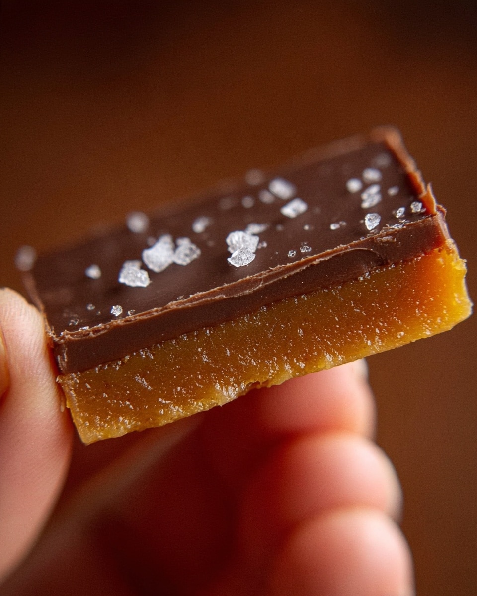 A close-up image shows a rectangular piece of two-layered caramel and chocolate candy held between a woman's thumb and forefinger. The bottom layer is thick, smooth, and has a rich golden-brown caramel color with a slightly grainy texture. The top layer is a thinner, glossy dark brown chocolate coating with a few large crystals of white sea salt scattered across its surface. The edges of the chocolate layer are slightly uneven, adding texture contrast to the smooth caramel underneath. The background is blurred with a warm brown hue. photo taken with an iphone --ar 4:5 --v 7