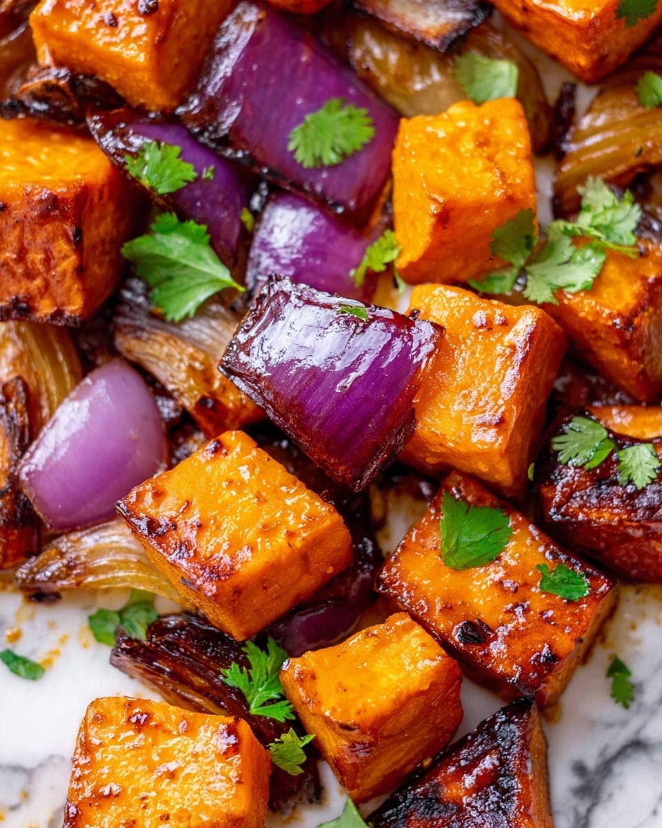The image shows several cubes of golden brown roasted sweet potato pieces with slightly caramelized edges, mixed with chunks of purple-red roasted onion and small green cilantro leaves scattered on top. The sweet potatoes have a shiny glaze that makes them look moist and tender. The cubes and onions are layered closely together, filling the frame, with a white marbled surface underneath. The colors are warm and vibrant, with the orange and purple contrasting nicely with the fresh green leaves. photo taken with an iphone --ar 4:5 --v 7