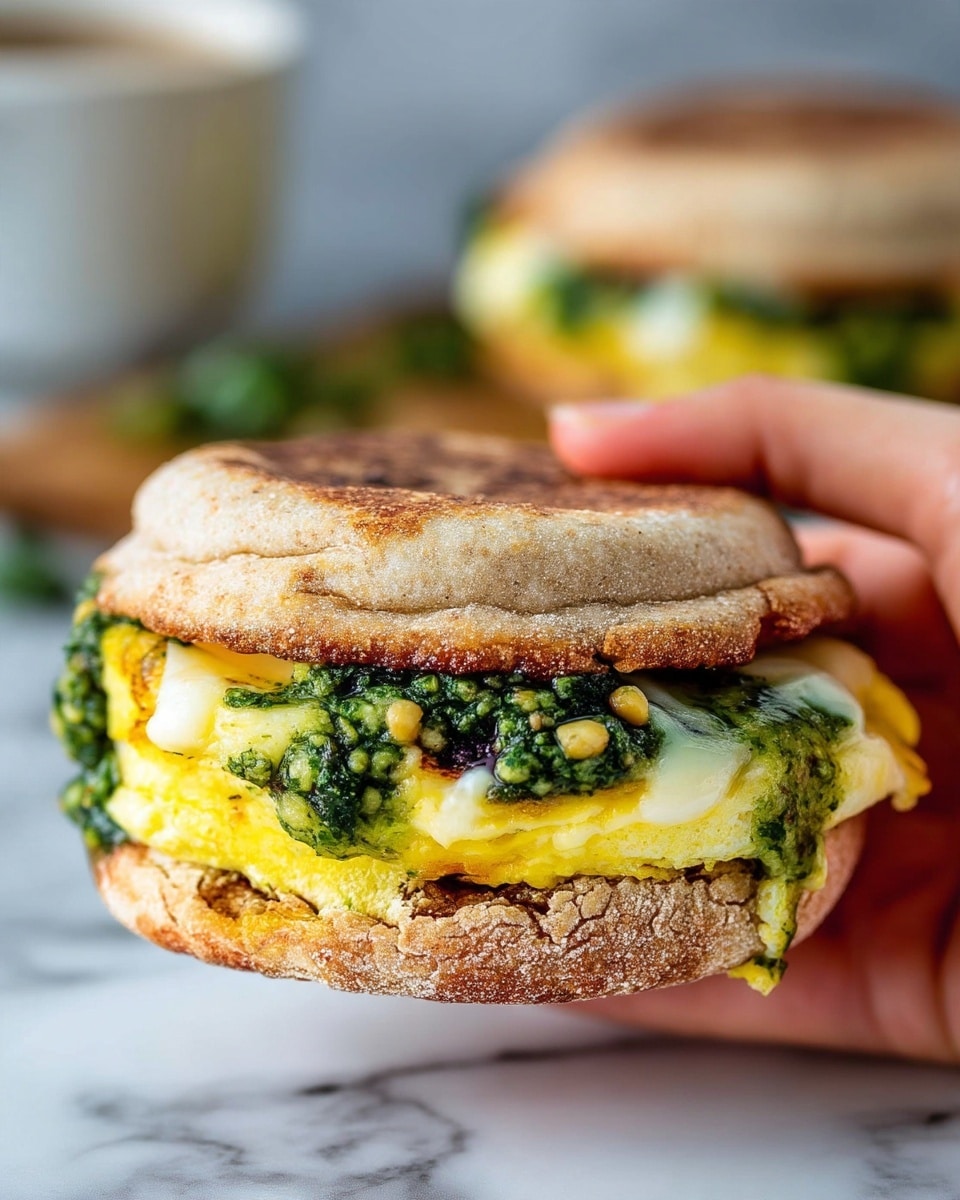 The image shows four English muffin sandwiches placed on a white marbled surface. Each sandwich has two toasted English muffin halves with a light brown, slightly crispy texture on top and bottom. Inside, there is one layer of yellow fluffy egg, topped with a green layer of cooked spinach mixed with melted white cheese that is slightly dripping down the sides. The sandwiches are arranged loosely, with two in the foreground and two more blurred in the background, all showcasing the layers inside the muffins clearly. Photo taken with an iphone --ar 4:5 --v 7