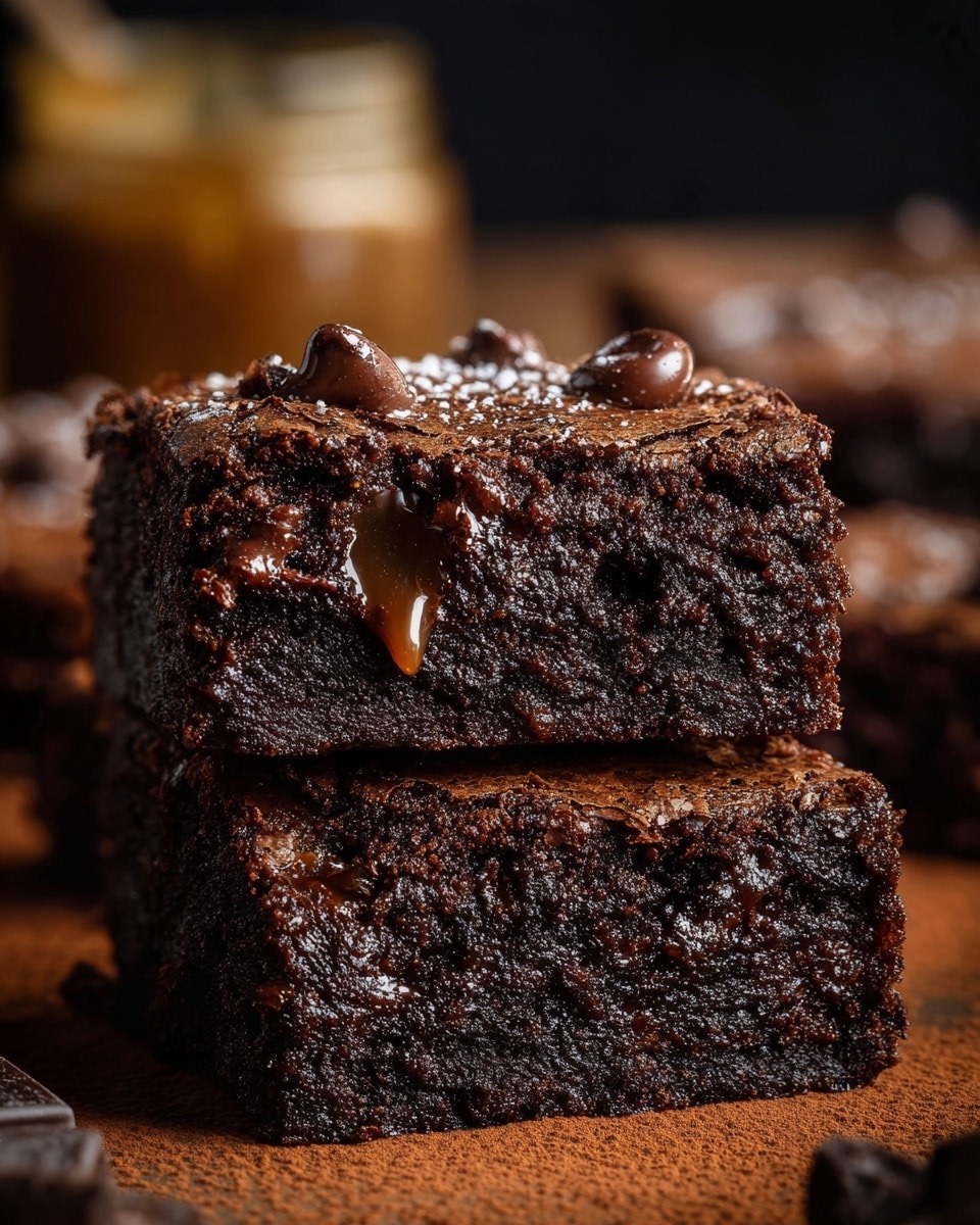 Two dark chocolate brownie squares are stacked on each other on a brown surface with a dusting of cocoa powder. The top layer shows a crackled texture with small melted chocolate chips embedded and glossy chocolate patches, while the bottom layer is dense and moist with visible melted chocolate bits throughout. The background is dark and blurred with hints of other brownie pieces and a jar dripping caramel sauce. photo taken with an iphone --ar 4:5 --v 7