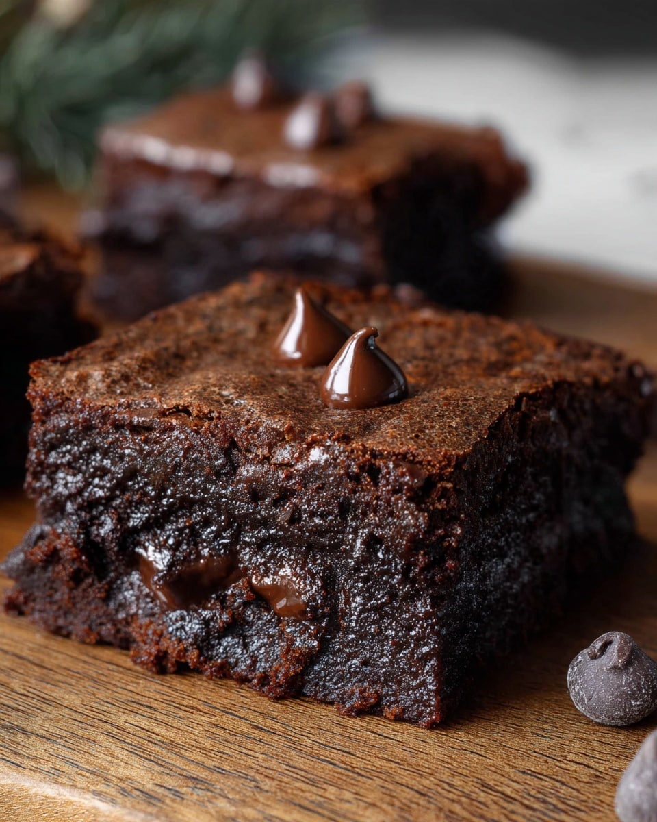 A close-up of a thick, dark chocolate brownie square on a wooden surface with a white marbled texture background. The brownie has two main layers: a soft, moist, and slightly crumbly dark brown base filled with melted chocolate chunks, and a thin, smooth, slightly cracked top crust of a slightly lighter brown shade. Small dollops of shiny melted chocolate sit on the upper surface. Behind it, two more brownie pieces, slightly out of focus, add depth to the image. Photo taken with an iphone --ar 4:5 --v 7