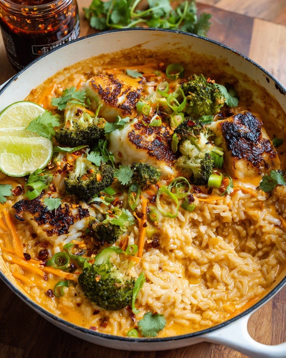 A close-up view of a white pot filled with a layered dish starting with a creamy orange sauce base mixed with soft rice and thin carrot strips, topped with bright green broccoli florets and chunks of slightly charred white fish seasoned with dark spices. The dish is garnished with chopped green onions and fresh cilantro leaves, with a wedge of lime placed on the side for a pop of light green. The pot sits on a wooden table with a jar of dark chili sauce in the background. photo taken with an iphone --ar 4:5 --v 7