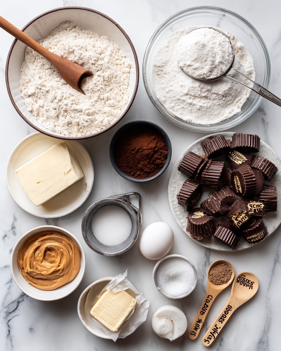 A top view of several baking ingredients arranged on a white marbled surface. On the left side, a large white bowl with a dark rim is filled with 1 cup of flour and has a small wooden scoop inside. Below that is a small black bowl filled with 1/4 cup sugar, next to a single white egg. In the middle, a small metal cup contains 1/2 cup cocoa powder. To the right of it, there are 15 Reese's Cups scattered with some showing their gold wrappers and others unwrapped. Above them is a clear glass bowl with 3/4 cup powdered sugar in a hand sieve resting on top. Next to it, there is a half-stick of butter, still wrapped in paper. Toward the bottom left, a white bowl holds 1/2 cup creamy peanut butter. To the right of that are small wooden spoons labeled with 1 teaspoon baking soda and 1/4 teaspoon salt. On the far right, a small white cup has 1 1/2 teaspoons vanilla inside. Near the center-right is a white bowl with 3/4 cup brown sugar. All items are labeled with black text in a handwritten style. Photo taken with an iphone --ar 4:5 --v 7