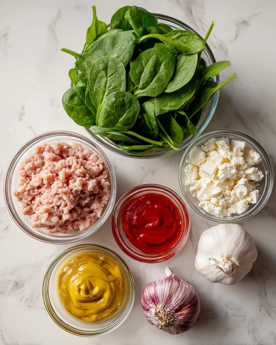 The image shows six clear glass bowls placed on a white marbled surface. The top bowl contains fresh dark green spinach leaves, full and slightly curled, filling the bowl. Below and to the left, a bowl holds raw ground chicken in a light pinkish tone with a soft, uneven texture. To the right, there is a bowl filled with small white pieces of crumbled feta cheese contrasting with the green and pink colors. Below these, a smaller bowl contains a mix of smooth, bright yellow Dijon mustard and bright red hot sauce side by side. To the right of this bowl, a whole head of garlic with a purple-white outer skin rests directly on the surface. The jars are arranged in a rough arc shape. photo taken with an iphone --ar 4:5 --v 7