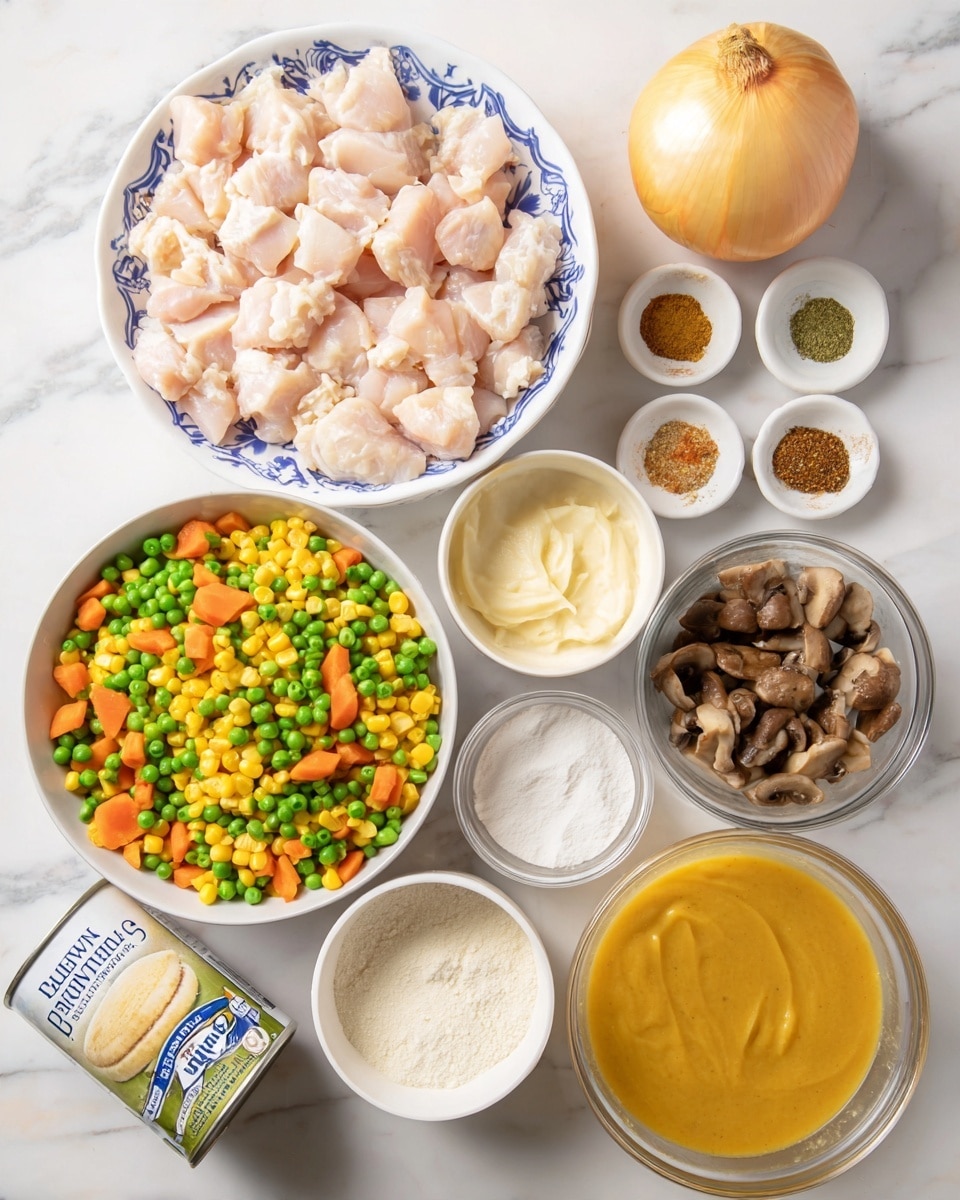 A top-down view of a cooking scene on a white marbled surface shows seven elements: a large white bowl with blue floral patterns filled with raw, pale pink diced chicken pieces at the top, a similar large white bowl at the bottom left filled with mixed frozen vegetables of green beans, peas, orange carrots, and yellow corn, a whole yellow onion on the right side above center, a medium-size clear bowl on the bottom right with a thick, smooth yellow sauce, a smaller white dish on the bottom with white powder (likely flour or cornstarch), another small white dish just above it with a pale beige creamy paste, a small white bowl filled with evenly spaced rows of four spices or seasoning powders in light brown, black, white, and green, and a bowl of dark brown chopped cooked mushrooms or sauce to the right of the onion. A can of buttermilk jumbo biscuits with a mostly white and yellow label lies partially in the frame at the bottom left corner. Photo taken with an iphone --ar 4:5 --v 7