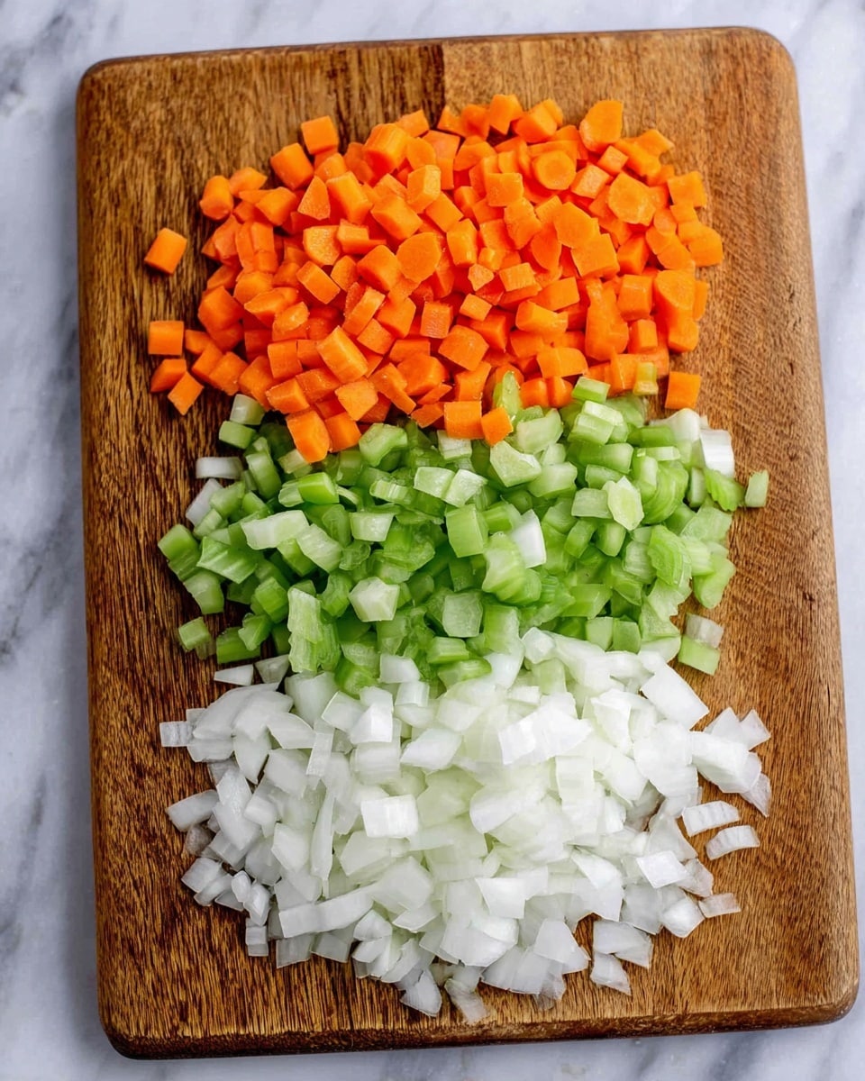 The image shows a wooden cutting board placed on a white marbled surface, with three layers of finely chopped vegetables arranged in horizontal rows. The top layer is bright orange diced carrots, small and uniformly cut. The middle layer is light green chopped celery pieces, slightly curled and fresh. The bottom layer consists of white chopped onions, with a bit more uneven size and soft texture. The vegetables are neatly separated, creating clear color contrasts on the natural wood surface. photo taken with an iphone --ar 4:5 --v 7
