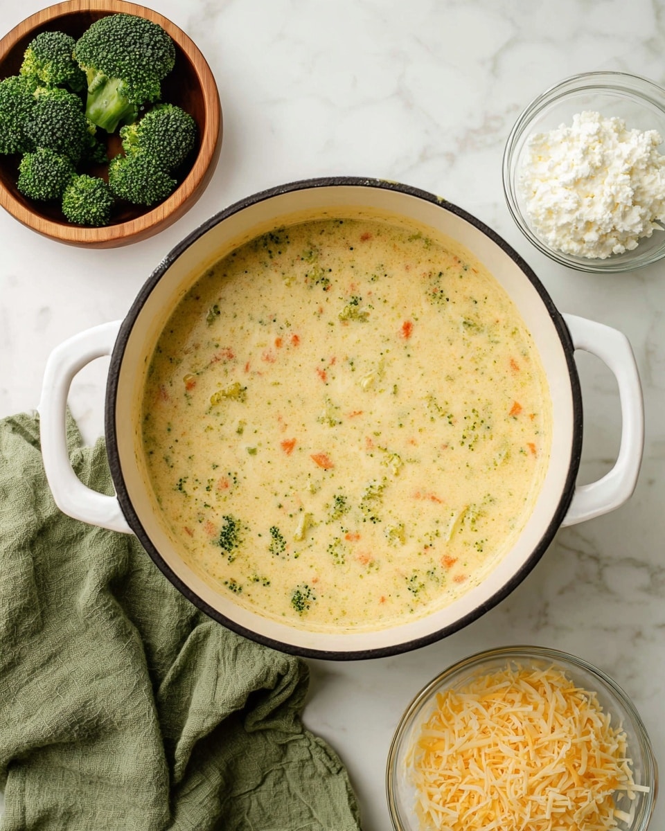 A large white pot filled with creamy broccoli soup that has small green broccoli pieces and bits of orange carrot evenly spread throughout the thick soup layer. The pot is placed on a white marbled surface. On the left side of the pot, there is a round wooden bowl filled with fresh dark green broccoli florets and a single broccoli floret placed beside it. On the right of the pot, a small clear glass bowl contains white cottage cheese with a lumpy texture. At the bottom right corner, there is a small white plate holding a pile of shredded pale yellow cheese, and a soft green cloth napkin is casually placed on the bottom left edge of the frame. photo taken with an iphone --ar 4:5 --v 7