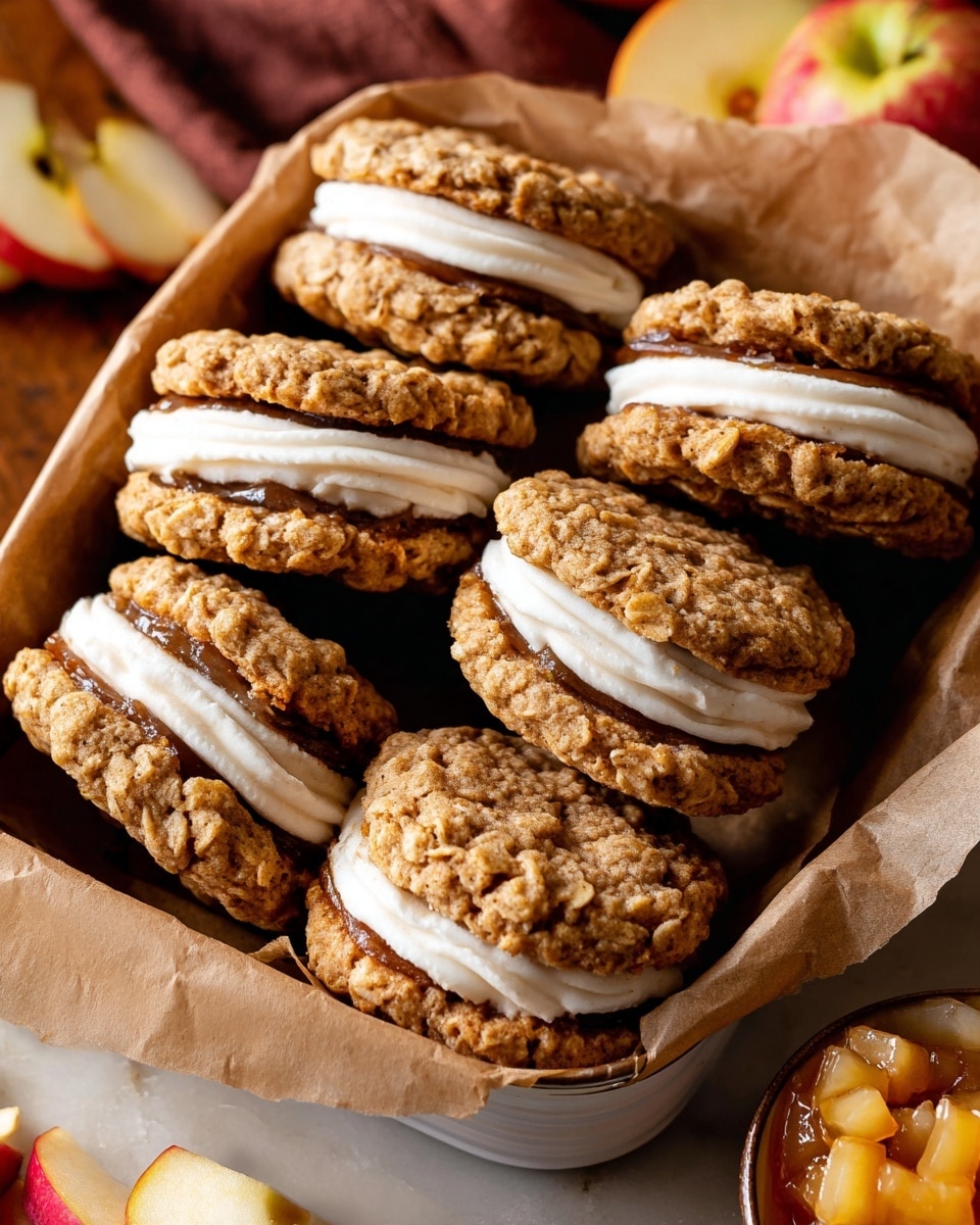 A close-up view of several oatmeal cookie sandwiches stacked in a white container lined with brown parchment paper, each sandwich has two light brown, rough-textured oatmeal cookies held together by a thick layer of smooth white cream in the middle, placed on a white marbled surface with sliced apples and a small bowl of diced fruit sauce nearby, creating a warm and cozy presentation photo taken with an iphone --ar 4:5 --v 7