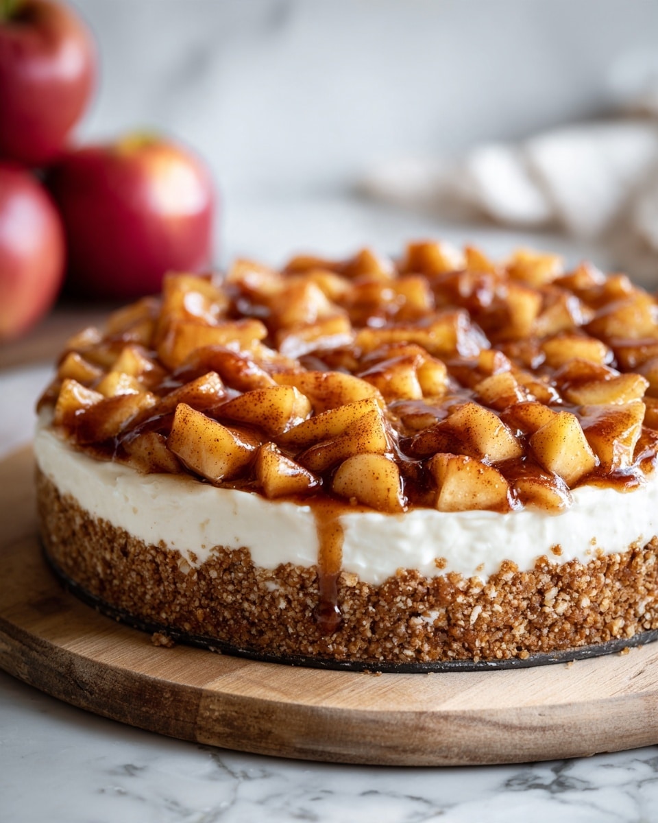 This image shows a pie with three clear layers placed on a light brown wooden plank. The bottom layer is a crumbly, light brown crust that looks coarse and crunchy. Above this crust is a thick layer of white cream, smooth in texture, spread evenly to the edge of the crust. The top layer consists of chopped apples coated in a glossy, light brown sauce with visible specks of cinnamon, making the fruit pieces look shiny and soft. The pie edges have slightly uneven cream showing under the fruit topping. The background is a white marbled texture with part of a woman's hand and some red apples visible near the pie. photo taken with an iphone --ar 4:5 --v 7