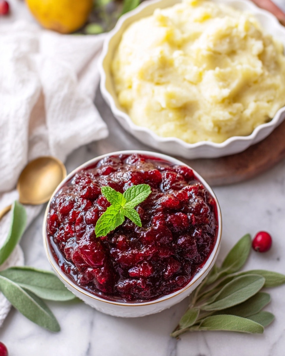 The image shows two dishes on a white marbled surface. The front dish is a small white bowl filled with a thick, chunky, deep red cranberry sauce with visible pieces of cranberries and a shiny texture, topped with a bright green mint leaf. Behind it, there is a white bowl with a scalloped edge holding creamy mashed potatoes with a smooth and slightly whipped texture. Around them, there is a sprig of fresh sage with green leaves and a partial view of a whole yellow potato. A gold spoon lies on a white cloth near the bowls. Photo taken with an iphone --ar 4:5 --v 7