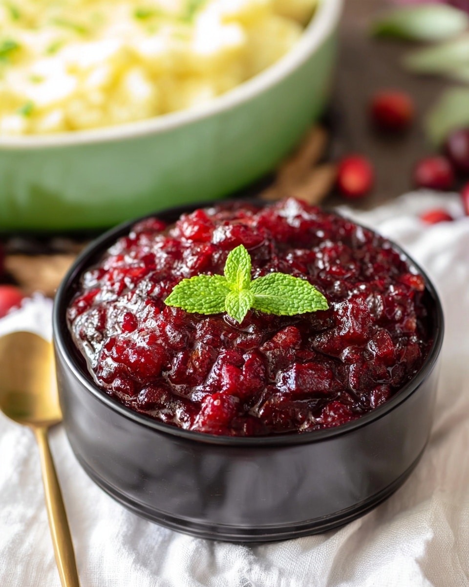 A close-up of a black bowl filled with a thick, chunky red cranberry sauce with visible cranberry pieces, topped with two bright green mint leaves at the center. The bowl sits on a white cloth with a golden spoon nearby. In the blurred background, there is a green baking dish with a light yellow mashed topping, placed on a white marbled surface. The image captures a cozy and appetizing holiday feel with warm colors and soft lighting photo taken with an iphone --ar 4:5 --v 7
