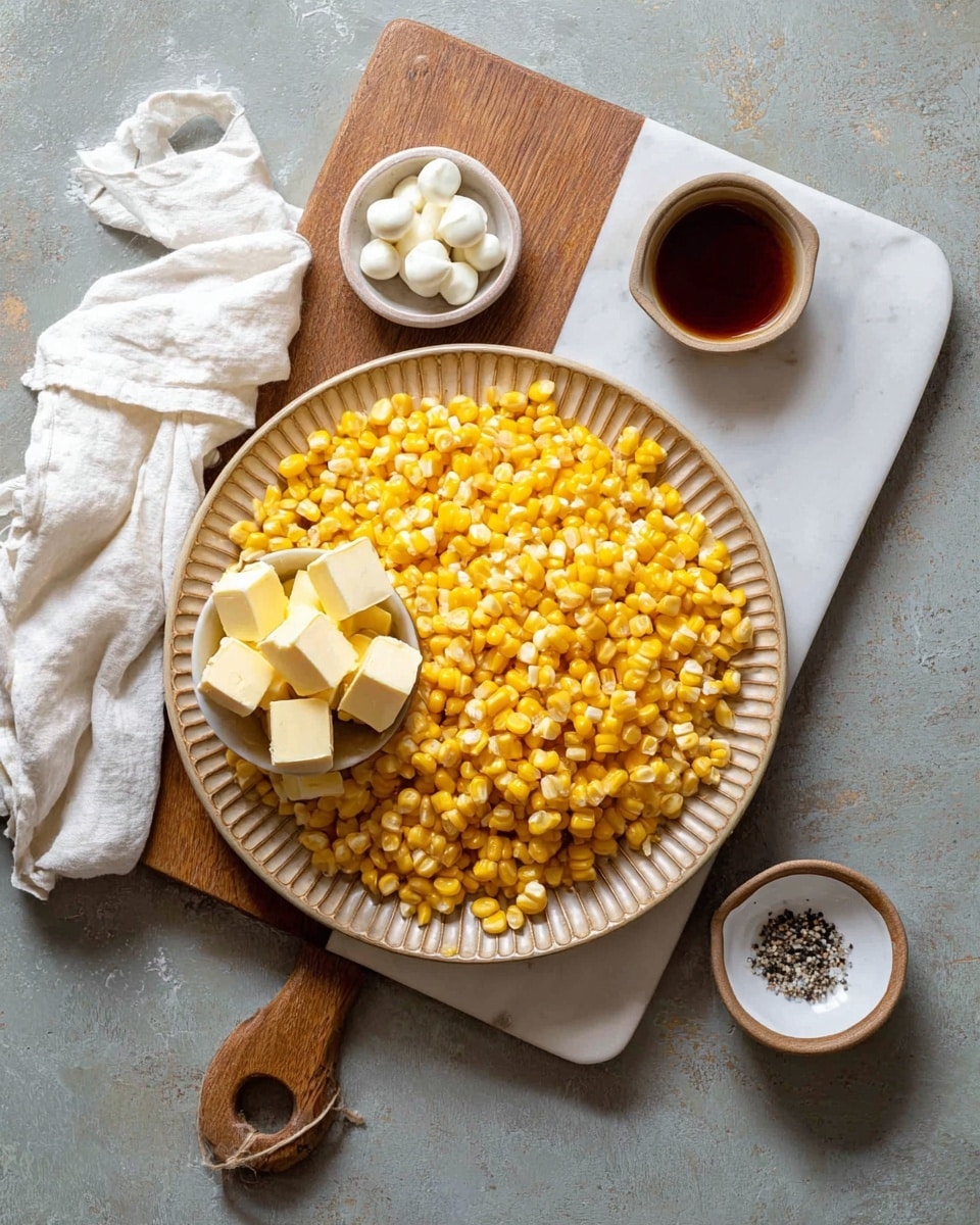 A large beige plate with ridged edges sits in the center on a white marbled rectangular board placed on a wooden cutting board with a handle. The plate is filled with bright yellow corn kernels that have a glossy, fresh look, covering most of the plate's surface. On top of the corn, there are three small white ceramic bowls: one bowl holds neat cubes of pale yellow butter, another bowl has a dark brown liquid, and the third contains a few dollops of smooth, white cream. A small, empty white bowl with black pepper specks waits beside the plate, and a white cloth is casually folded on the left side of the board. Photo taken with an iphone --ar 4:5 --v 7