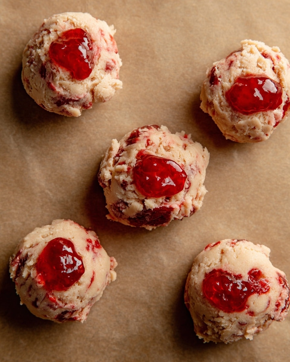 There are four scoops of cookie dough placed on a light brown baking paper, each scoop having a soft texture mixed with red bits and topped with glossy, shiny red jam in dollops of varying sizes. The dough is pale with red streaks and the jam adds a bright contrast on top. The image shows a close view of the scoops, arranged in a staggered pattern on the paper, which has a smooth texture. photo taken with an iphone --ar 4:5 --v 7