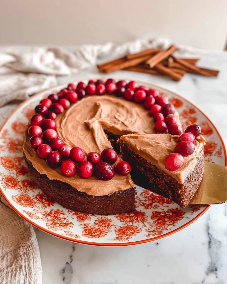 A single-layer dark brown cake with smooth light brown frosting spread evenly on top, decorated with a ring of fresh, shiny red cranberries around the edge. A slice is being lifted out with a gold cake server, showing the dense, moist texture inside. The cake sits on a large white plate decorated with orange floral patterns. The background surface is white with a marbled texture, with a white cloth and cinnamon sticks placed casually behind the cake. Photo taken with an iphone --ar 4:5 --v 7