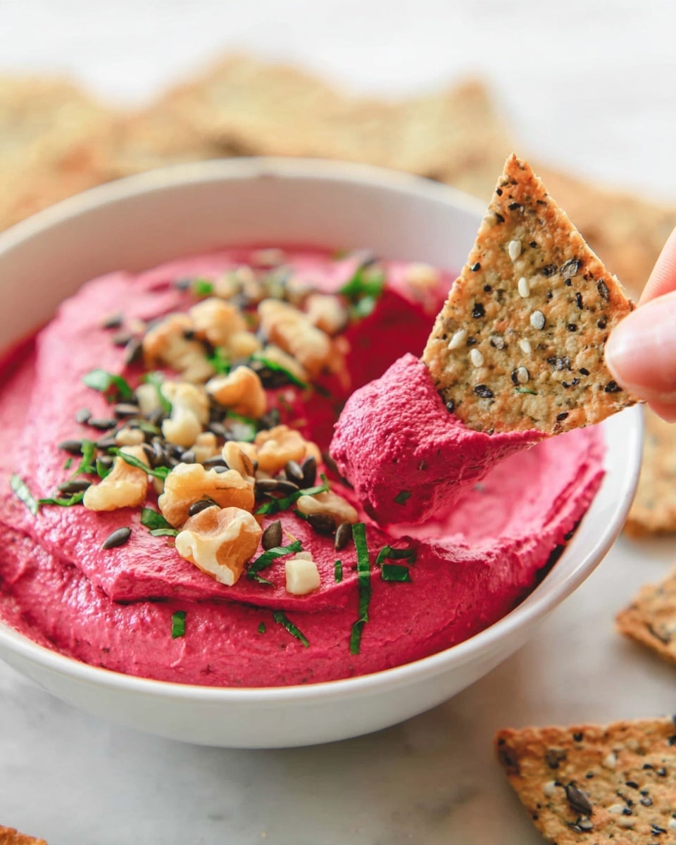 A close-up of a white bowl filled with bright pink hummus, topped with small black seeds, chopped green herbs, and crushed walnuts scattered on the surface. A triangular cracker with various seeds is dipped into the creamy hummus, held by a woman's hand, showing the thick texture of the dip on the cracker's tip. The bowl sits on a white marbled surface with other seed-covered crackers in the background, softly blurred. Photo taken with an iphone --ar 4:5 --v 7