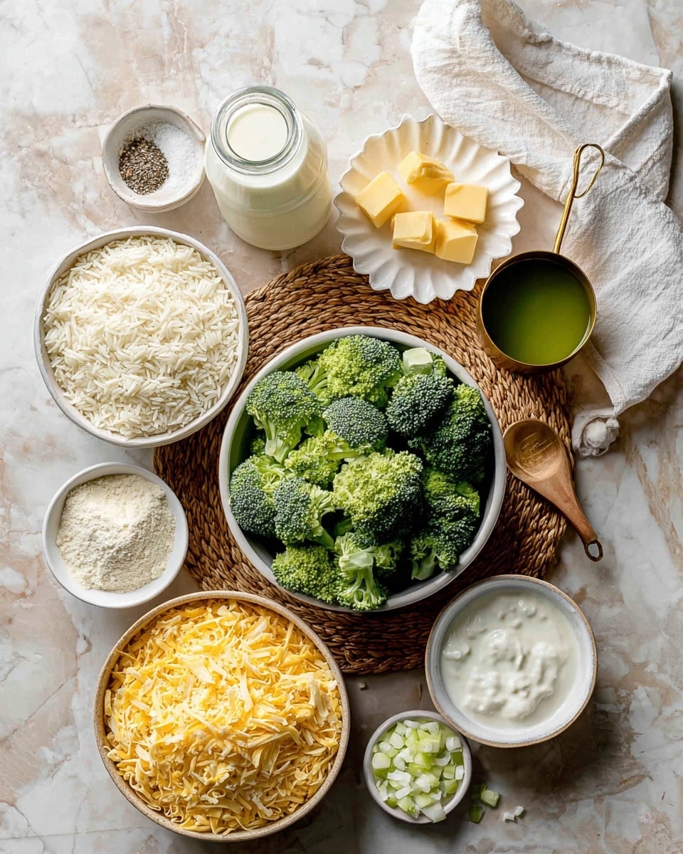 A top view shows various cooking ingredients on a white marbled surface with a round wicker mat underneath some bowls. In the center, a large white bowl holds fresh green broccoli florets. To the left is a bowl of cooked white rice with a smaller bowl of salt and pepper inside it. Below is a bowl filled with yellow shredded cheese. At the top, a jar of white milk sits next to a small white cup with chunks of yellow butter and a scalloped white dish with grated white cheese. On the right side, a wooden spoon with a white cloth rests next to a bowl of white sour cream. Two small bowls at the bottom hold chopped white onions and white flour. A brass measuring cup filled with green liquid is placed near the rice bowl. The setup looks neat and ready for cooking, photo taken with an iphone --ar 4:5 --v 7