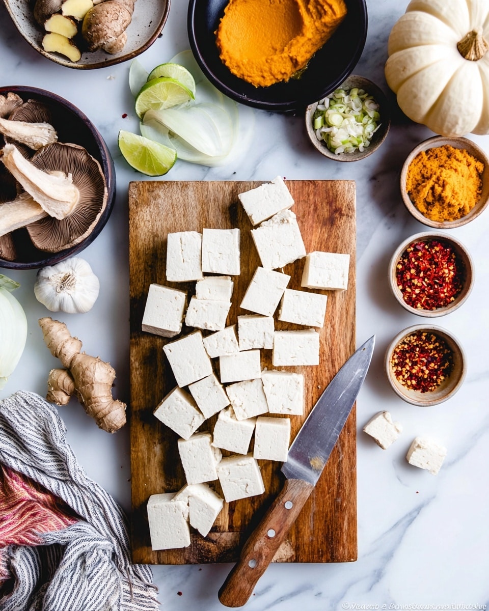 The image shows a wooden cutting board on a white marbled surface with white tofu cut into small cubes arranged in several rows and scattered around. A knife with a wooden handle lies on the right side of the board. Around the board, there are small bowls holding ingredients like bright red chili flakes, garlic cloves, lime slices, orange pumpkin puree, and a dark brown sauce. A few fresh shiitake mushrooms are in a black bowl on the top left, and pieces of ginger are on another small black plate nearby. A small white pumpkin and an onion are partially visible on the surface. A striped cloth is draped on the bottom left corner. The scene is bright and colorful, with a clean and fresh look. photo taken with an iphone --ar 4:5 --v 7