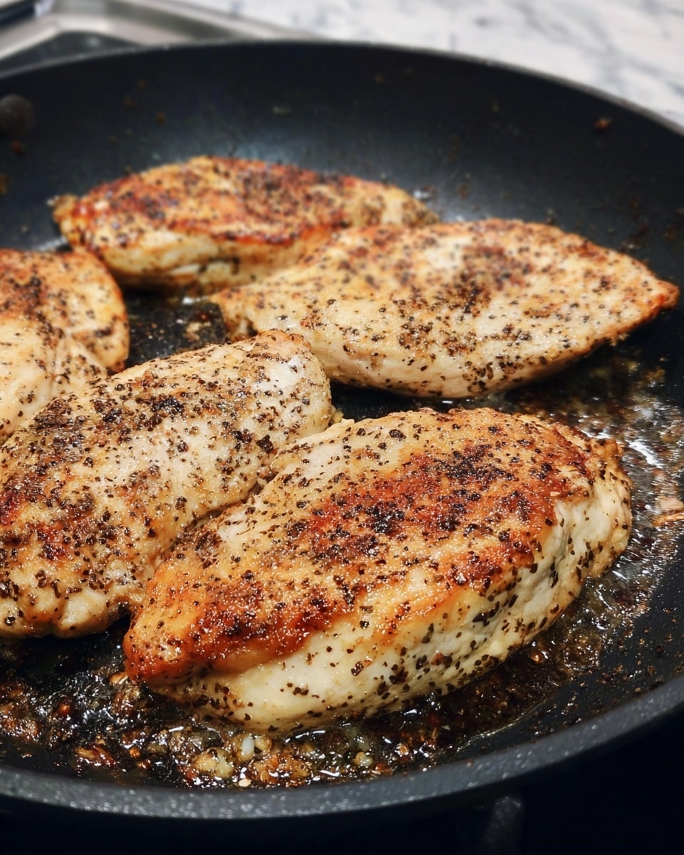 The image shows four pieces of cooked chicken in a black frying pan. Each piece is golden brown with a speckled texture from black pepper seasoning. The chicken pieces have a slightly crispy crust and are placed close to each other, sizzling in oil with small browned bits around them. The background is a white marbled texture. photo taken with an iphone --ar 4:5 --v 7