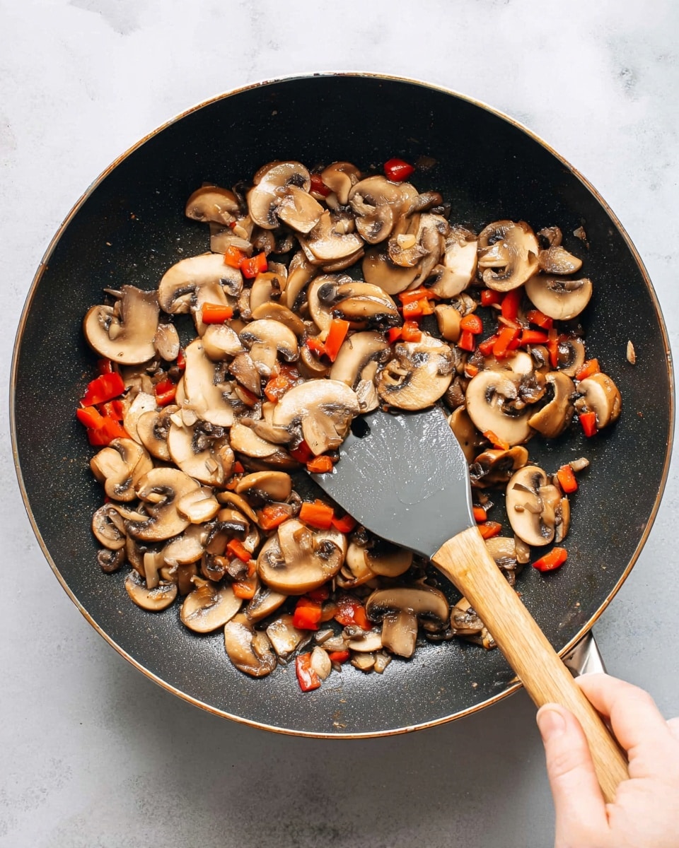 A black frying pan containing cooked sliced brown mushrooms and small pieces of red bell pepper is shown from above, with a woman's hand holding a spatula with a light wood handle and dark gray head stirring the vegetables inside. The mushrooms are light to dark brown with a soft texture, and the red bell pepper pieces are scattered throughout, adding a bright red contrast to the scene. The background is a white marbled surface. photo taken with an iphone --ar 4:5 --v 7
