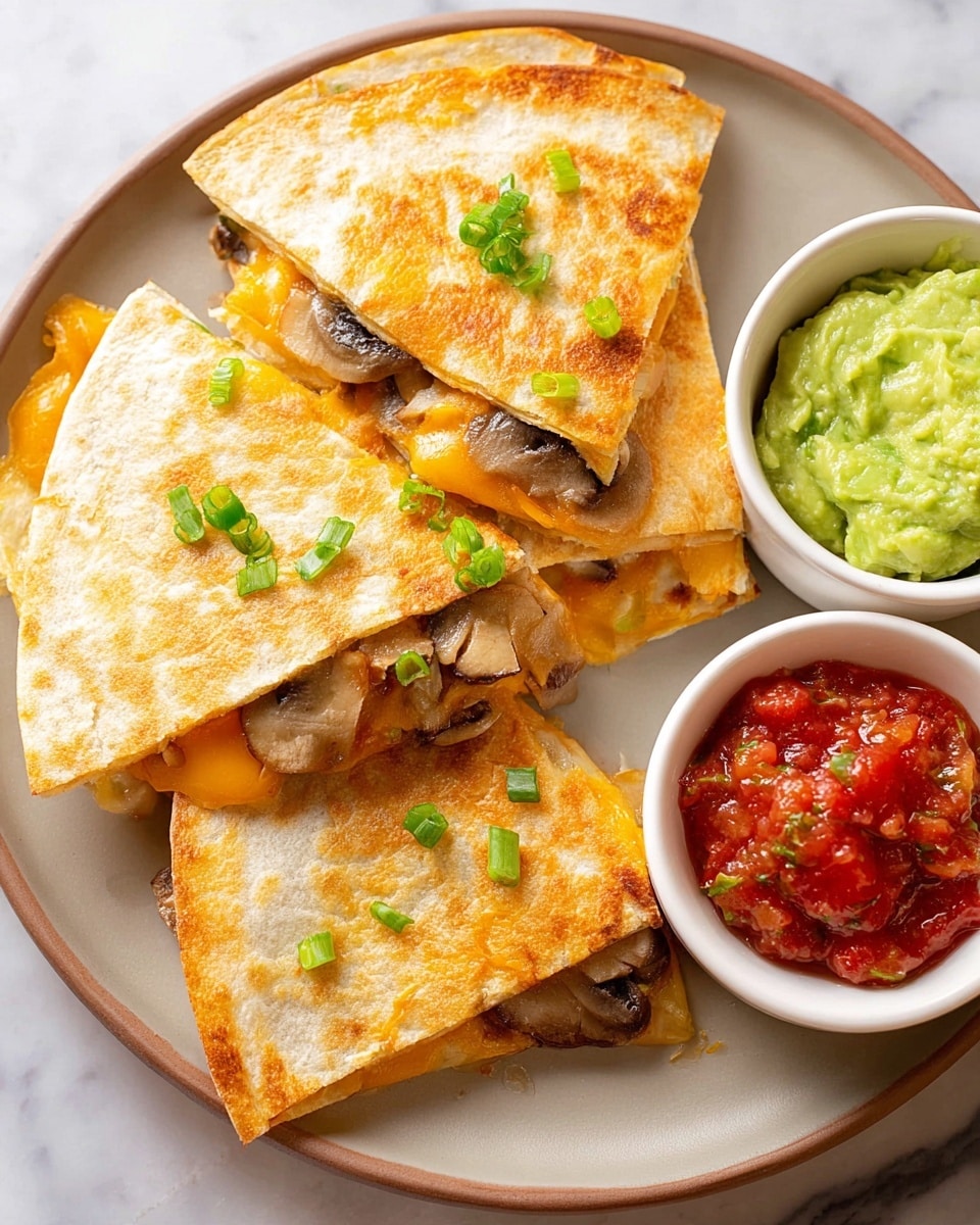 A round white plate holds four triangular quesadilla pieces stacked slightly overlapping each other. Each quesadilla layer shows a golden crisp tortilla with melted orange cheese and slices of light brown mushrooms visible inside. They are sprinkled with small pieces of green onion on top. On the right side of the plate are two small white bowls, one filled with chunky red salsa with visible bits of tomato and seeds, and the other filled with smooth, light green guacamole. The plate is placed on a white marbled surface. photo taken with an iphone --ar 4:5 --v 7