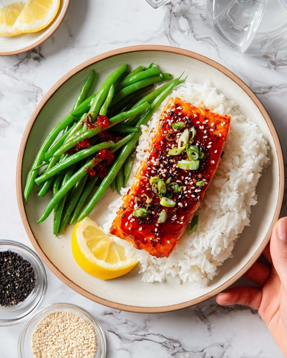 A round white plate with a smaller beige-rimmed plate on top sitting on a white marbled surface holds a meal with three main parts. On the right side, there is a layer of white rice forming a small mound. On top of the rice is a vibrant red-orange glazed piece of fish, covered with black and white sesame seeds and small bits of green onion. To the left of the fish and rice, there is a pile of bright green beans with a few drops of red sauce on them. In front of the fish, at the bottom edge of the smaller plate, is a thin slice of lemon. In the lower right corner of the image, a woman's hand is shown lightly touching the edge of the plate. Small clear bowls containing white and black sesame seeds and other ingredients are visible near the plate. Photo taken with an iphone --ar 4:5 --v 7